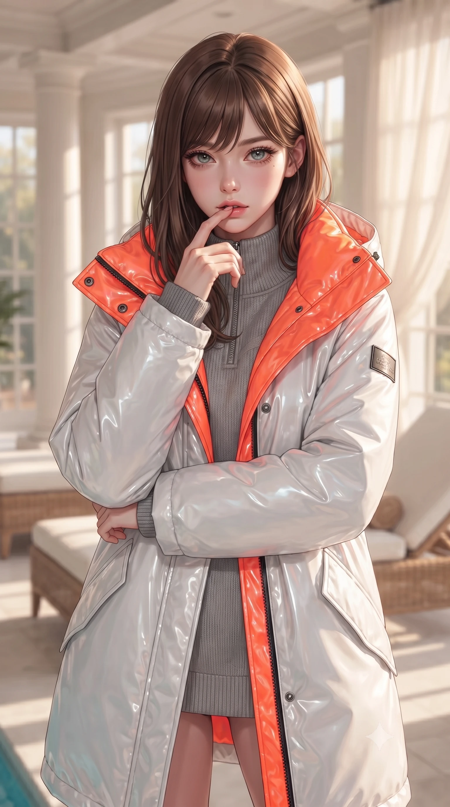 score_9, masterpiece, best quality, ultra-detailed, high-budget anime keyframe, editorial fashion photography, tasteful artistic composition, Korean woman. close-up cowboy shot from the waist and thighs up, the character dominates the composition, filling the frame with her large presence, background elements kept in soft focus. pressing one finger to her bottom lip in a thoughtful, seductive gesture under the warm sun the background shows a soft-focus an indoor pool house with white columns, rattan lounge chairs, and sheer silk drapes. She has an exceptionally elegant, slender, and willowy female figure with an ultra-slim waist, a gracefully sculpted slender torso, and a refined silhouette. sharp v-shaped jawline, high-bridge nose, intricate jewel-like eyes with depth, thick eyelashes, glossy lips with a natural sheen. wearing a tailored heavy polar-station parka in white and neon orange tech-fabric, over a grey utility sweater. soft afternoon daylight filtered through drapes, creating a serene, dreamy mood. ultra-reflective glossy finish, specular highlights, metallic sheen, high-contrast stereoscopic depth, volumetric dynamic lighting, 2k, ultra detail, master piece, 9:16 ratio
