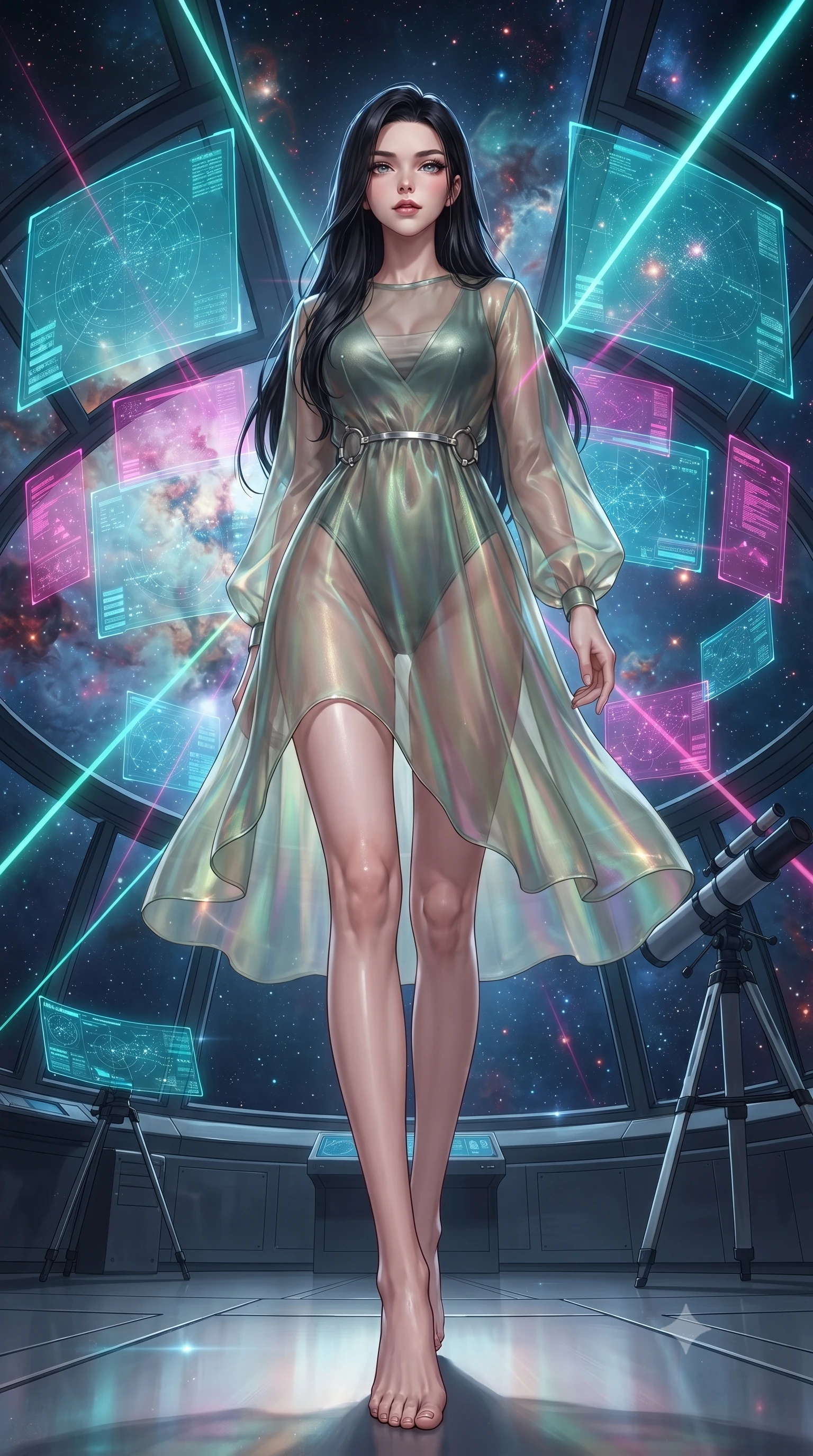 score_9, masterpiece, best quality, ultra-detailed, high-budget anime keyframe, editorial fashion photography, tasteful artistic composition, Korean woman. low angle full-body shot from head to toe showing her feet, filling the entire 9:16 vertical frame with her statuesque presence, stretching her vertical silhouette. stepping forward with proud posture, filling the vertical frame with her magnetic presence standing inside a high-tech observatory with panoramic glass views of a nebula, translucent cyan and magenta holographic panels hovering seamlessly. She has an absolutely perfect, statuesque 8.5-heads proportion, an exceptionally tall and slender model-like female figure with impossibly long slender legs and an ultra-slim waist. sharp v-shaped jawline, high-bridge nose, intricate jewel-like eyes with depth, thick eyelashes, glossy lips with a natural sheen. wearing a semi-opaque sheer overlay dress over a leather micro-bodysuit in sage green and oatmeal, crafted from iridescent chiffon that shifts colors in the light, accented with delicate chrome ring hardware framing her waist, the sleek second-skin texture accentuating her magnetic presence. lit by bright volumetric laser beams and soft specular highlights. ultra-reflective glossy finish, specular highlights, metallic sheen, high-contrast stereoscopic depth, volumetric dynamic lighting, 2k, ultra detail, master piece, 9:16 ratio
