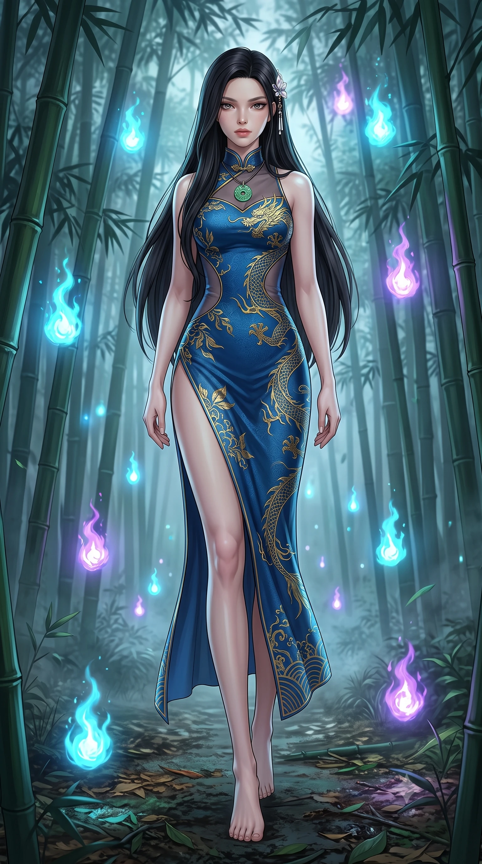 score_9, masterpiece, best quality, ultra-detailed, high-budget anime keyframe, semi-realistic 3D game render, editorial fashion photography, tasteful artistic composition, Korean woman. low angle full-body shot from head to toe showing her feet, filling the entire 9:16 vertical frame with her statuesque presence, stretching her vertical silhouette. landing lightly on the balls of her feet in a balanced kinetic stance, eyes locked onto the camera with fearless allure while gliding silently through a dense, mist-veiled bamboo forest illuminated by floating cyan and amethyst will-o'-the-wisp spirit flames. The surrounding environment is rendered in vivid detail and crisp panoramic clarity. deep mystical forest chiaroscuro and sacred woodland spirit sanctuary aesthetics rendered in precision. She has an absolutely perfect, statuesque 8.5-heads proportion, an exceptionally tall and slender model-like female figure with impossibly long slender legs, a toned flat midriff, and an ultra-slim waist. sharp v-shaped jawline, high-bridge nose, intricate jewel-like eyes with depth, thick eyelashes, glossy lips with a natural sheen, captivating and magnetic expression, flawlessly proportioned anatomical accuracy, strict slender model proportions, natural body alignment, perfectly sculpted long slender limbs, ultra-slim waistline, clean dynamic posture without body distortion. wearing a dragon-embroidered silk cheongsam modern dress with asymmetrical sheer mesh cutouts and high Mandarin collar in deep azure blue and gold leaf embroidery, woven from lightweight fluid silk brocade with woven gold thread, accented with mother-of-pearl hair ornaments and a carved jade pendant, the glove-like aerodynamic second-skin fit tightly clinging to her ultra-slender waist and athletic curves without adding bulk, accentuating her razor-sharp statuesque lines and slim hourglass silhouette. illuminated by ethereal glow highlighting her sculpted collarbones, waistline, and slender silhouette. highly saturated vibrant anime colors, detailed shading with soft gradients, rich glossy textures, high-contrast stereoscopic depth, volumetric dynamic lighting, master piece, 9:16 ratio