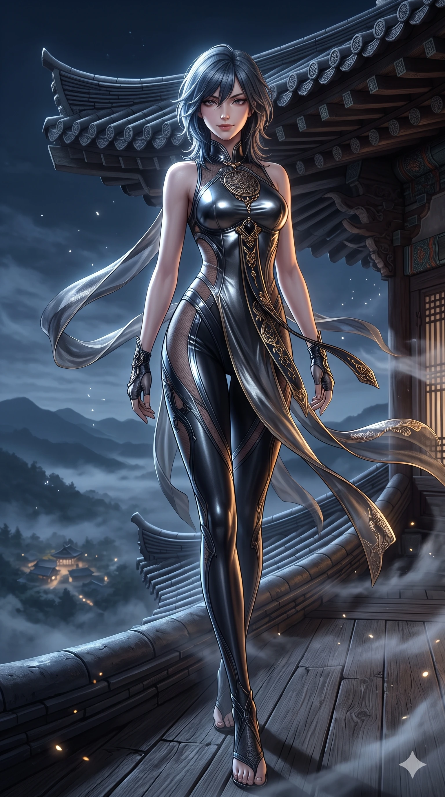 score_9, masterpiece, best quality, ultra-detailed, high-budget anime keyframe, semi-realistic 3D game render, editorial fashion photography, tasteful artistic composition, Caucasian woman. low angle full-body shot from head to toe showing her feet, filling the entire 9:16 vertical frame with her statuesque presence, stretching her vertical silhouette. striding across the moonlit timber deck as nocturnal breezes whip her garments open, accentuating her long slender legs and curvy hips while standing tall on the central roof ridge, arching her lower back with sovereign supermodel grace as midnight winds whip her garments open. The surrounding environment is rendered in vivid detail and crisp panoramic clarity: detailed liquid metallic lamé plunge jumpsuit cling, side cutouts, and monumental palace roof engineering in razor-sharp clarity. She has an absolutely perfect, statuesque 8.5-heads proportion, an exceptionally tall and slender model-like female figure with impossibly long slender legs, an ultra-slim waist, a flat toned midriff, narrow delicate ribcage, and beautifully sculpted feminine hips creating a graceful, slim hourglass silhouette without any bulky heaviness. sharp v-shaped jawline, high-bridge nose, sparkling eyes with hypnotic seductive depth, thick curled eyelashes, glossy parted lips with a natural dewy peach sheen, alluring bedroom-eyes with an enchanting coquettish smile, exuding magnetic siren charisma and sophisticated glamour, flawlessly proportioned anatomical accuracy, strict slender model proportions, natural body alignment, perfectly sculpted long slender limbs, ultra-slim waistline, clean dynamic posture without body distortion. wearing a delicate semi-translucent wet-look mesh hanbok bodysuit clinging sheerly to her sculpted torso and hip curves in liquid mercury chrome and deep ink black, featuring strategic sheer-illusion micro-mesh cutouts along her ribcage and hip flanks, accented with an authentic engraved gold medallion and obsidian cabochons, the glove-like clinging cut tightly following the natural contour of her hips and long slender legs with youthful 8.5-heads elegance. illuminated by moonlit valley mist upward bounce and sharp silver-topaz rim lights defining her razor-sharp jawline, narrow waist, and curvy hips. highly saturated vibrant anime colors, detailed shading with soft gradients, rich glossy textures, high-contrast stereoscopic depth, volumetric dynamic lighting, master piece, 9:16 ratio