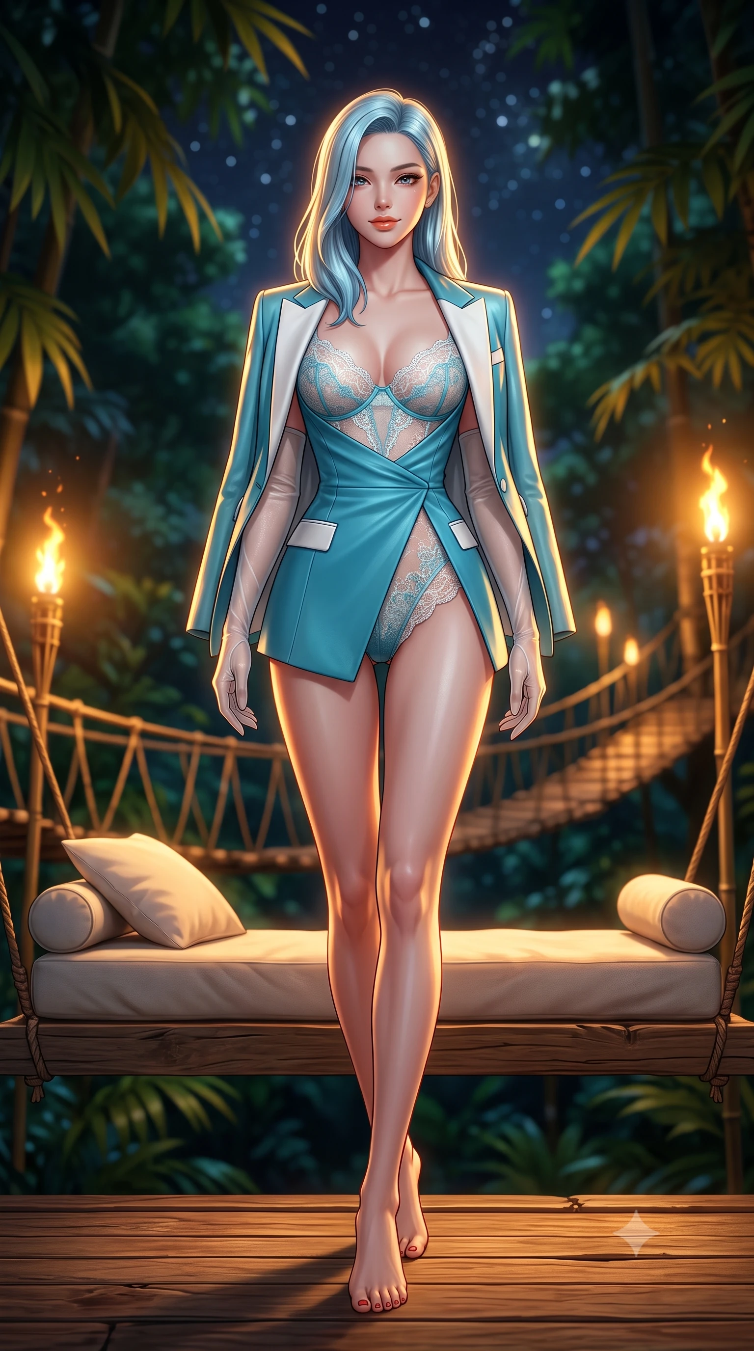 score_9, masterpiece, best quality, ultra-detailed, high-budget anime keyframe, semi-realistic 3D game render, editorial fashion photography, tasteful artistic composition, Korean woman. low angle full-body shot from head to toe showing her feet, filling the entire 9:16 vertical frame with her statuesque presence, stretching her vertical silhouette. stepping slowly toward the camera with hypnotic grace, hips swaying in an alluring sensual rhythm that accentuates her curvy hourglass silhouette and long slender legs while lounging across the suspended oversized teak daybed floating high in the jungle canopy, arching her lower back to emphasize her curvy hips with effortless poise. The background shows a soft-focus towering rainforest canopy leaves rustling in night breeze, winding torch-lit bamboo suspension bridges, and starlit sky blurred into deep emerald, amber, and indigo bokeh. She has an absolutely perfect, statuesque 8.5-heads proportion, an exceptionally tall and slender model-like female figure with impossibly long slender legs, an ultra-slim waist, a flat toned midriff, narrow delicate ribcage, and beautifully sculpted feminine hips creating a graceful, slim hourglass silhouette without any bulky heaviness. sharp v-shaped jawline, high-bridge nose, sparkling eyes with hypnotic seductive depth, thick curled eyelashes, glossy parted lips with a natural dewy peach sheen, alluring bedroom-eyes with an enchanting coquettish smile, exuding magnetic siren charisma and sophisticated glamour, flawlessly proportioned anatomical accuracy, strict slender model proportions, natural body alignment, perfectly sculpted long slender limbs, ultra-slim waistline, clean dynamic posture without body distortion. wearing a delicate sheer French Chantilly lace teddy layered under an open tailored tuxedo blazer draped over bare shoulders in Capri turquoise and pure pearl white, woven from buttery-soft stretch lambskin leather adhering to her body like a second skin, complemented by sheer opera-length evening gloves tracing her slender arms, the high-slit wrap tailoring accentuating her ultra-slim waistline and the enchanting curve of her feminine hips with alluring seductive charm. bathed in the rich dynamic golden-orange glow of real outdoor bamboo oil torches combined with celestial starlight. highly saturated vibrant anime colors, detailed shading with soft gradients, rich glossy textures, high-contrast stereoscopic depth, volumetric dynamic lighting, master piece, 9:16 ratio