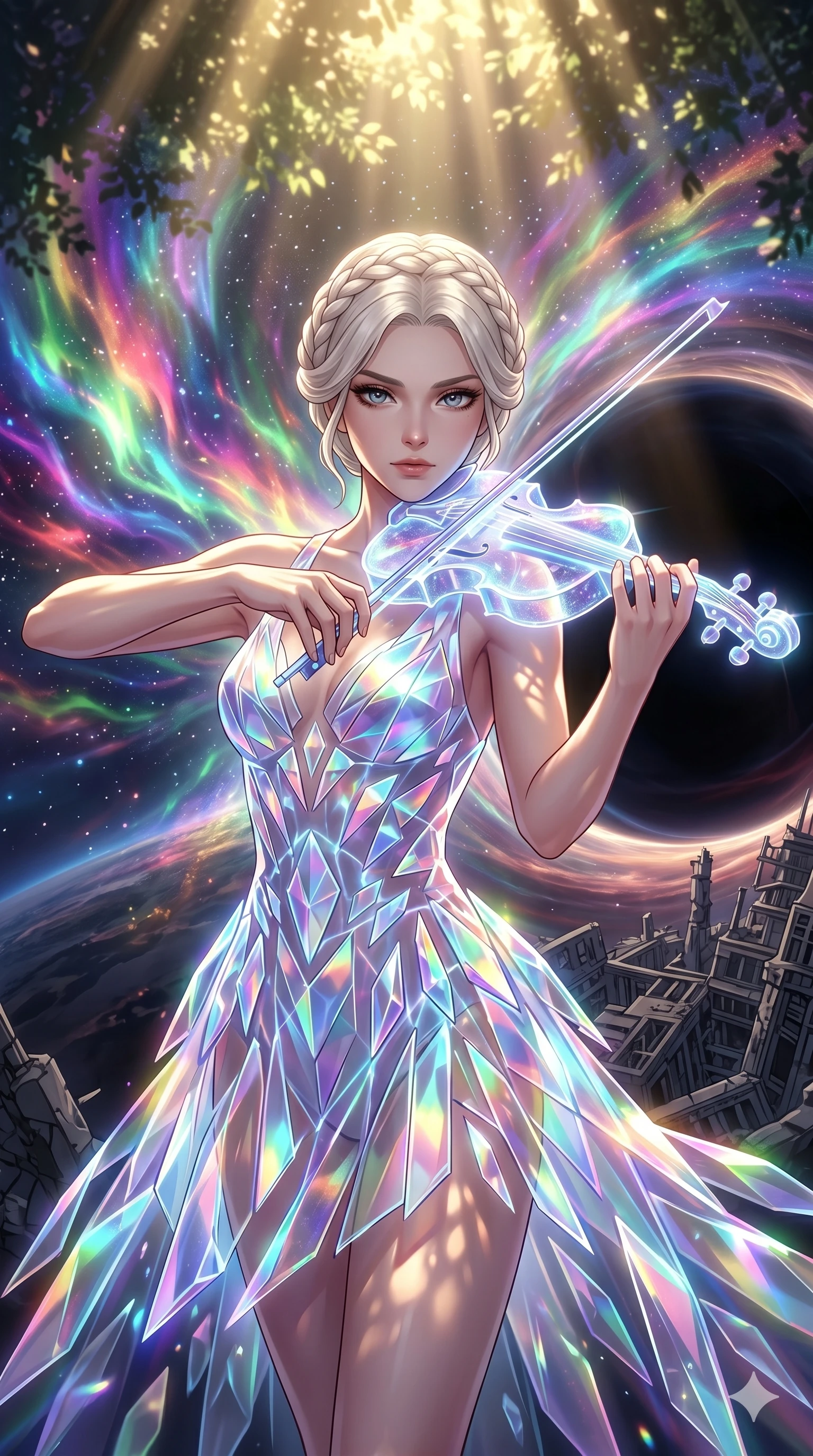 score_9, masterpiece, best quality, ultra-detailed, Set A: High-budget Anime Keyframe, Caucasian (human ears) woman. Upper body close-up from the thighs up, character filling the screen for maximum presence. Theme: Urban Decay. playing a holographic violin in the edge of a black hole, with a look of serene power as the sky splits into 278 colors. The atmosphere is filled with cinematic sunlight through leaves. She has an absolutely perfect 8-heads proportion, an exceptionally tall and slender female figure with impossibly long slender legs and an ultra-slim waist. Sharp v-shaped jawline, high-bridge nose, intricate jewel-like eyes with depth, glossy lips. Wearing Abstract geometry dress made of floating crystalline shards held by energy fields. Cinematic lighting, vivid colors, dramatic shadows, 2k, ultra detail, master piece, 9:16 ratio