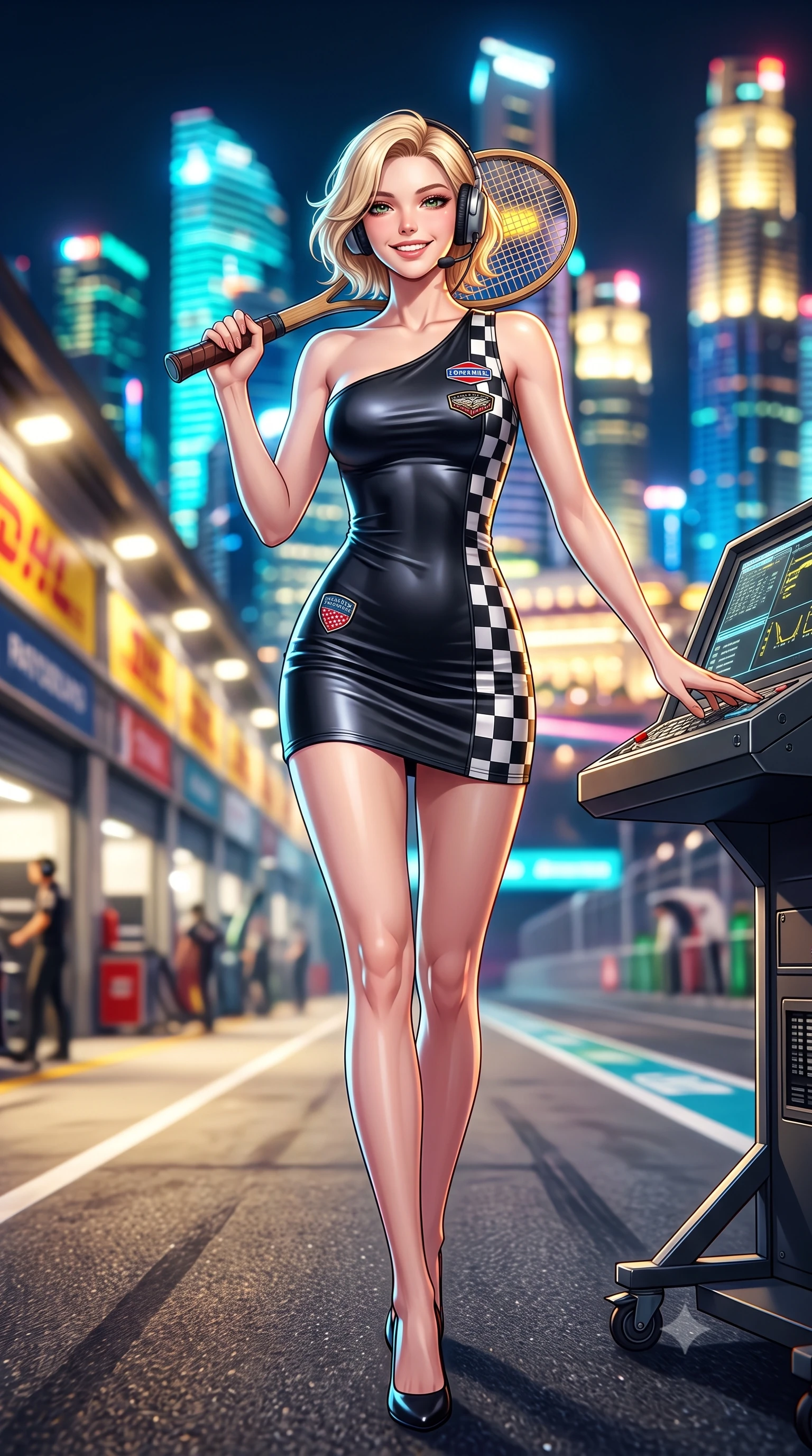 score_9, masterpiece, best quality, ultra-detailed, high-budget anime keyframe, semi-realistic 3D game render, editorial fashion photography, tasteful artistic composition, Caucasian woman. low angle full-body shot from head to toe showing her feet, filling the entire 9:16 vertical frame with her statuesque presence, stretching her vertical silhouette. stepping forward gracefully across the paddock tarmac in mid-motion with a radiant beaming smile, hips swaying in an alluring kinetic rhythm that accentuates her curvy hourglass silhouette and long slender legs while leaning against the team telemetry console with hips cocked back, looking into the lens with an intoxicating, smoldering gaze amidst headset equipment. The background shows a soft-focus the dazzling high-intensity track floodlights, roaring pit lane garages, and futuristic Singapore skyline blurred into electric cyan, gold, and magenta bokeh. She has an absolutely perfect, statuesque 8.5-heads proportion, an exceptionally tall and slender model-like female figure with impossibly long slender legs, an ultra-slim waist, a flat toned midriff, narrow delicate ribcage, and beautifully sculpted feminine hips creating a graceful, slim hourglass silhouette without any bulky heaviness. sharp v-shaped jawline, high-bridge nose, sparkling eyes with athletic focus and depth, thick curled eyelashes, glossy parted lips with a natural coral-peach sheen, bright confident and coquettish smile with alluring bedroom-eyes, exuding both youthful sporty vigor and sovereign high-society glamour, flawlessly proportioned anatomical accuracy, strict slender model proportions, natural body alignment, perfectly sculpted long slender limbs, ultra-slim waistline, clean dynamic posture without body distortion. wearing an asymmetric one-shoulder metallic racing mini dress with checkered flag embroidery hugging her narrow waist and hips in matte obsidian black and checkered flag white, made of smooth liquid-tight stretch jersey emphasizing every curve of her body, featuring a vintage wooden tennis racket held casually over one shoulder, the liquid-tight tailored fabric clinging flawlessly to her narrow waist and rounded feminine hips, emphasizing every millimeter of her sculpted slim hourglass curves without any bulky heaviness. illuminated by telemetry screen bounce and sharp platinum rim lights carving her razor-sharp jawline, narrow waist, and curvy hips. highly saturated vibrant anime colors, detailed shading with soft gradients, rich glossy textures, high-contrast stereoscopic depth, volumetric dynamic lighting, master piece, 9:16 ratio