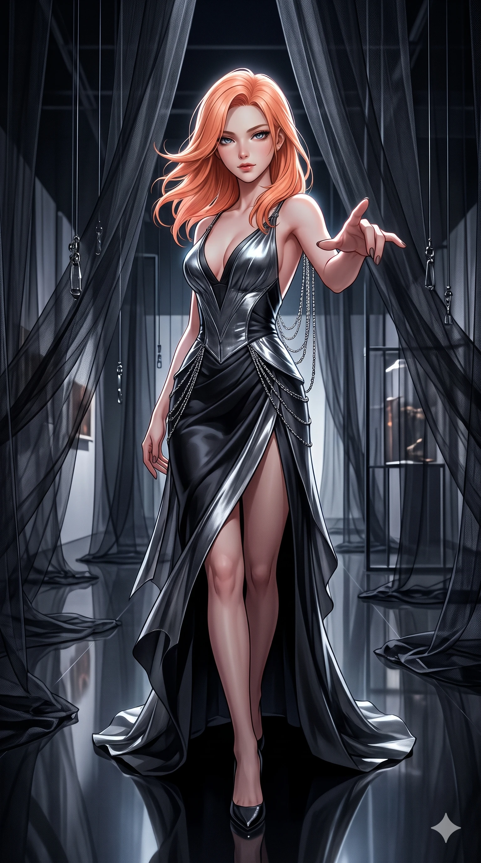 score_9, masterpiece, best quality, ultra-detailed, high-budget anime keyframe, semi-realistic 3D game render, editorial fashion photography, tasteful artistic composition, Japanese woman. close-up cowboy shot from the waist and thighs up, the character dominates the composition, filling the frame with her large presence. reaching one hand toward the viewer with relaxed dark elegance, her sculpted waistline catching specular highlights while walking dynamically through the labyrinth of black gossamer drapes, her long slender legs and curvaceous hips creating a sweeping vertical line. The surrounding environment is rendered in vivid detail and crisp panoramic clarity: sharp sheer silk weave translucency, hanging monofilament wire lines, and mirror-polished floor clarity in deep focus. She has an exceptionally elegant, slender, and willowy female figure with an ultra-slim waist, flat toned midriff, narrow ribcage, and sculpted feminine hips creating an alluring, slim hourglass silhouette without bulk. sharp v-shaped jawline, high-bridge nose, intricate jewel-like dark sparkling eyes with hypnotic seductive depth, thick curled eyelashes, glossy parted lips with a natural wine sheen, alluring bedroom-eyes with an enigmatic smoldering smile, exuding magnetic sovereign charisma and dark avant-garde glamour, flawlessly proportioned anatomical accuracy, strict slender model proportions, natural body alignment, perfectly sculpted long slender limbs, ultra-slim waistline, clean dynamic posture without body distortion. wearing a low-cut gothic structured bodice gown with high leg slit in metallic liquid silver and pitch black, tailored from soft dark satin with subtle light-absorbing depth, accented with an open-back drape framed by falling strands of delicate chrome chains, contouring every curve with an exceptionally elegant silhouette and captivating allure. illuminated by polished gallery floor bounce and sharp diamond-platinum rim lights sculpting her razor-sharp jawline, narrow waist, and curvy hips. highly saturated vibrant anime colors, detailed shading with soft gradients, rich glossy textures, high-contrast stereoscopic depth, volumetric dynamic lighting, master piece, 9:16 ratio