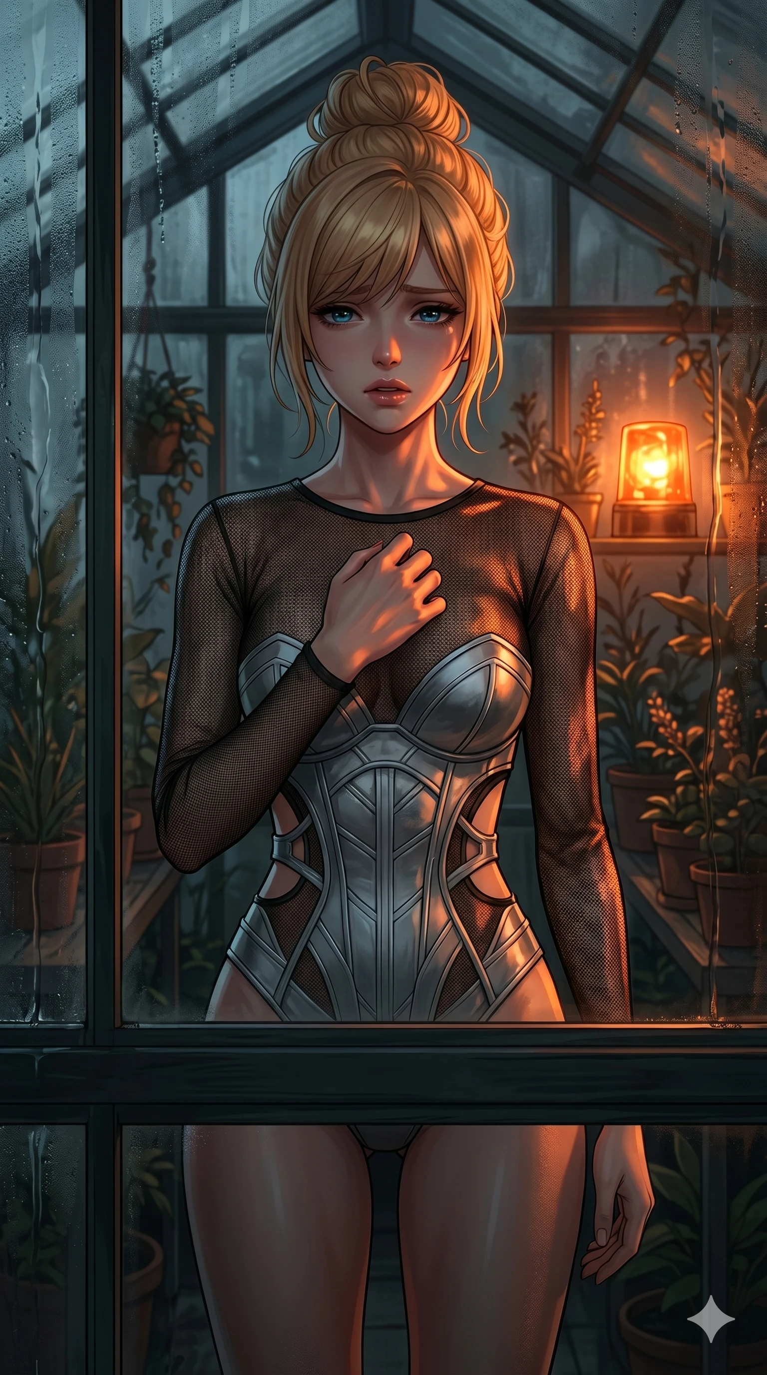 score_9, masterpiece, best quality, ultra-detailed, high-budget anime keyframe, editorial fashion photography, tasteful artistic composition, Caucasian woman, strictly human ears. cowboy shot from the thighs up, character and outfit filling the frame for maximum editorial presence. clutching her chest with one hand, her lips slightly parted in a silent sob, looking down in deep despair inside a glass-walled greenhouse with condensation trickling down the panes (Scenario Code S-42). She has an absolutely perfect 8-heads proportion, an exceptionally tall and slender female figure with impossibly long slender legs and an ultra-slim waist. V-shaped jawline, high-bridge nose, intricate jewel-like eyes with depth, thick eyelashes, glossy lips with a natural sheen. wearing a skin-tight sheer mesh crop top over a structured silver bodice with delicate side cutouts. lit by a flickering orange emergency beacon, casting dramatic, dancing shadows on her body. 2k, ultra detail, master piece, 9:16 ratio