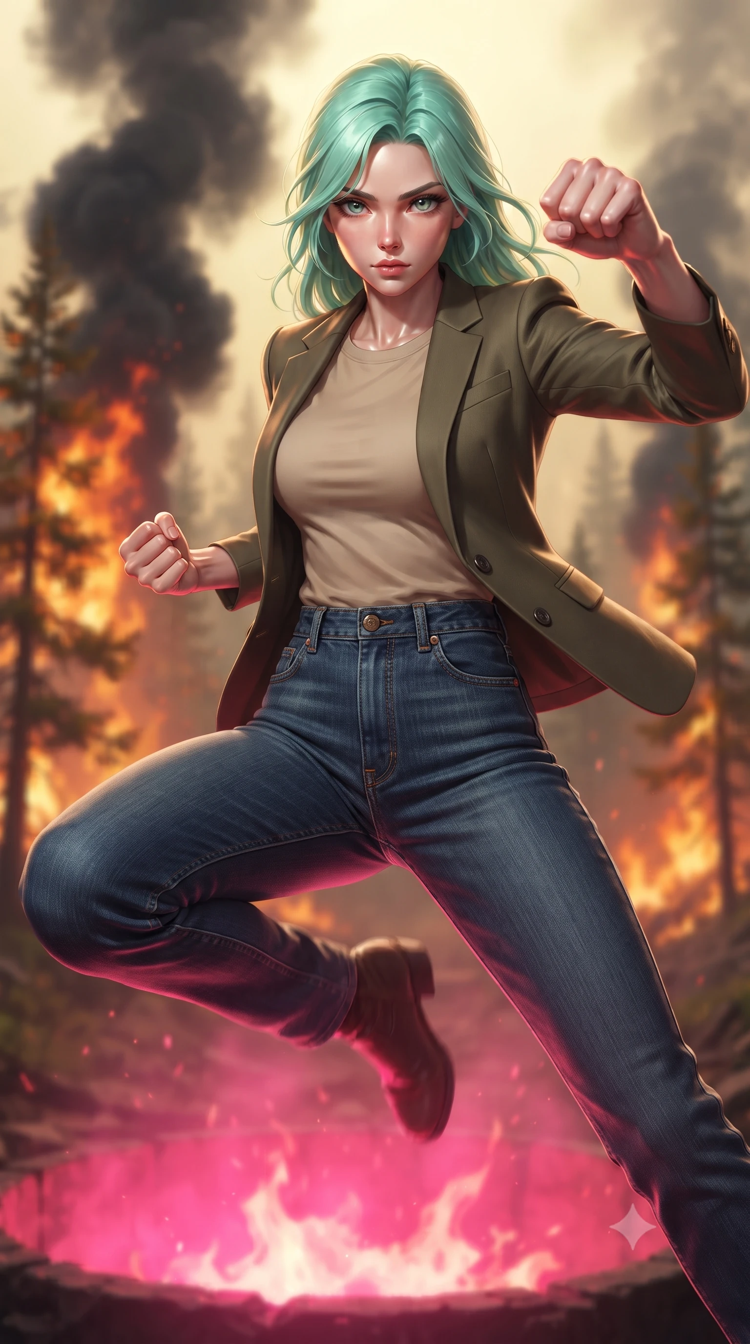 score_9, masterpiece, best quality, ultra-detailed, high-budget anime keyframe, editorial fashion photography, tasteful artistic composition, realistic cosplay photography, Japanese woman. close-up cowboy shot from the waist and thighs up, the character dominates the composition, filling the frame with her large presence, background elements kept in soft focus. Leaping into the camera's view with an aggressive, mid-action strike pose. set against a soft-focus background of the edge of a forest fire, where pine trees are engulfed in orange flames and thick black smoke columns rise. She has an exceptionally elegant and slender, willowy female figure with an ultra-slim waist, a gracefully sculpted slender torso, and a refined slim physique. sharp v-shaped jawline, high-bridge nose, intricate jewel-like eyes with depth, thick eyelashes, glossy lips with a natural sheen. wearing tailored for maximum mobility, sleek form-contouring panels that allow fluid movement, a body-hugging tailored olive blazer over a beige cotton tee, paired with high-waisted raw indigo denim. dramatic contrast of hot pink furnace glow from below and cool golden light from above. ultra-reflective glossy finish, specular highlights, metallic sheen, high-contrast stereoscopic depth, volumetric dynamic lighting, 2k, ultra detail, master piece, 9:16 ratio