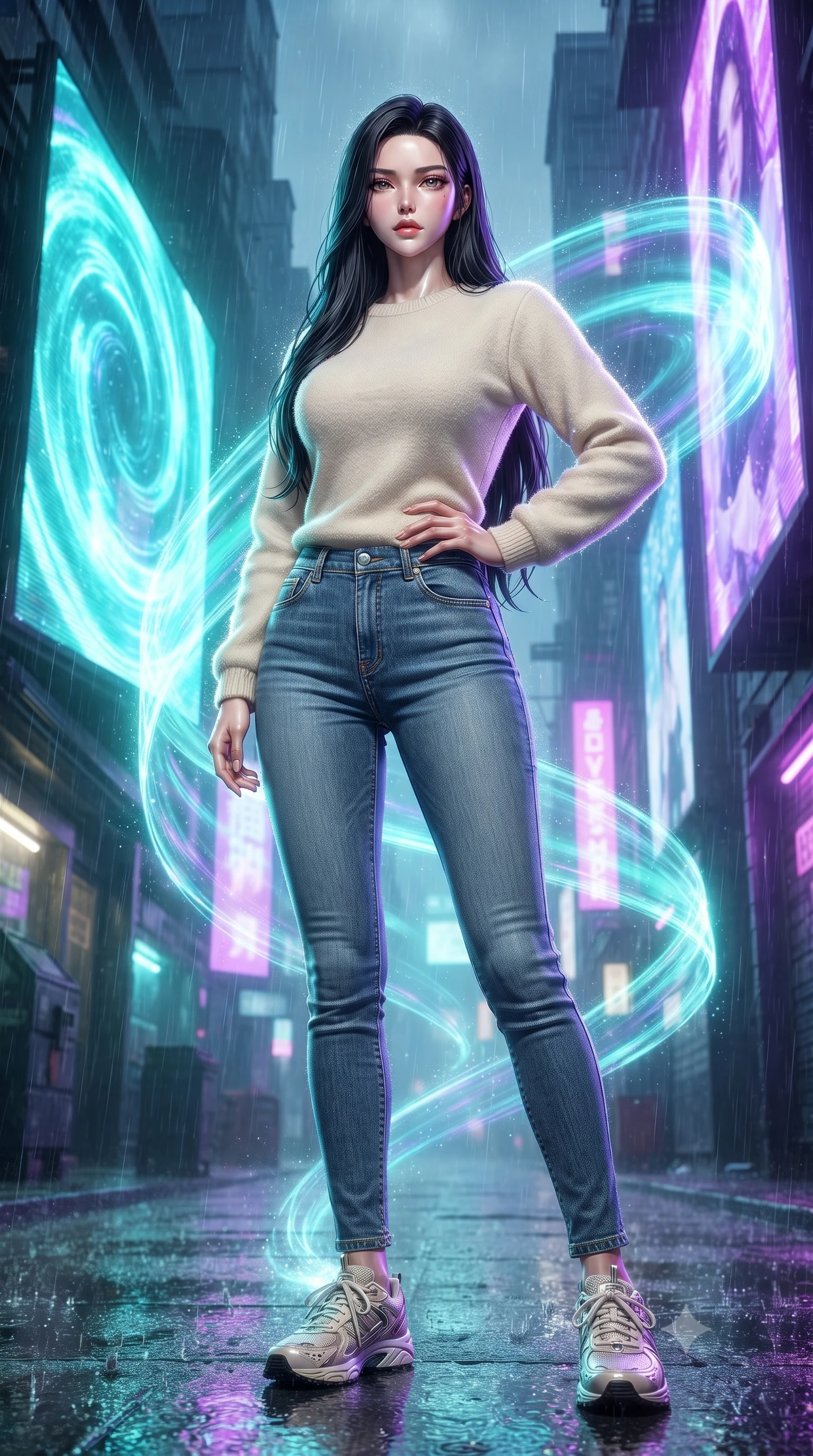 score_9, masterpiece, best quality, ultra-detailed, high-budget anime keyframe, editorial fashion photography, tasteful artistic composition, Korean woman. low angle full-body shot from head to toe showing her feet, filling the entire 9:16 vertical frame with her statuesque presence, stretching her vertical silhouette. posing confidently with one hand on her hip, stretching her statuesque body to emphasize her curves the background shows a soft-focus a rain-swept cyber alleyway beneath massive holographic billboard projections. She has an absolutely perfect, statuesque 8.5-heads proportion, an exceptionally tall and slender model-like female figure with impossibly long slender legs and an ultra-slim waist. sharp v-shaped jawline, high-bridge nose, intricate jewel-like eyes with depth, thick eyelashes, glossy lips with a natural sheen. wearing a body-hugging comfortable cream fleece sweater over blue denim jeans. shimmering turquoise and electric violet glow wrapping her statuesque figure. ultra-reflective glossy finish, specular highlights, metallic sheen, high-contrast stereoscopic depth, volumetric dynamic lighting, 2k, ultra detail, master piece, 9:16 ratio