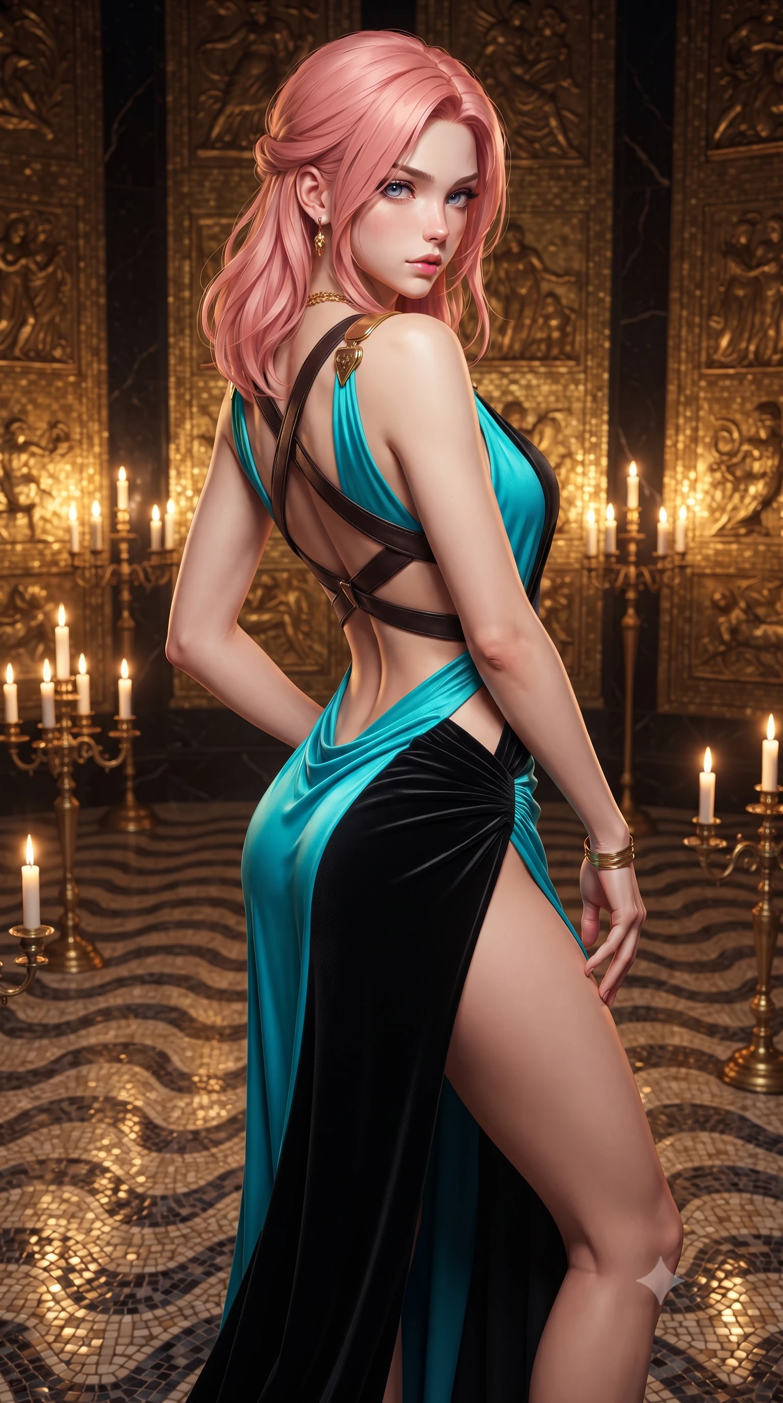 score_9, masterpiece, best quality, ultra-detailed, high-budget anime keyframe, editorial fashion photography, tasteful artistic composition, Japanese woman. close-up cowboy shot from the waist and thighs up, the character dominates the composition, filling the frame with her large presence. twisting her slender torso in a deep contrapposto stance, hips dramatically shifted to accentuate her feminine curves while looking past her shoulder with smoldering bedroom-eyes while standing poised on the ancient wave-patterned marble mosaic floor, twisting her slender torso in an alluring S-curve under flickering brass candelabras. The surrounding environment is rendered in vivid detail and crisp panoramic clarity. detailed gown velvet texture, gold jewelry glints, and ancient Venetian architectural reliefs in high resolution. She has an exceptionally elegant, slender, and willowy female figure with an ultra-slim waist, flat toned midriff, narrow ribcage, and sculpted feminine hips creating an alluring, slim hourglass silhouette without bulk. sharp v-shaped jawline, high-bridge nose, intricate jewel-like eyes with depth, thick eyelashes, glossy parted lips with a natural sheen, intensely captivating and seductive bedroom-eyes expression, flawlessly proportioned anatomical accuracy, strict slender model proportions, natural body alignment, perfectly sculpted long slender limbs, ultra-slim waistline, clean dynamic posture without body distortion. wearing a high-slit Grecian goddess draped gown with asymmetrical gold shoulder clasps and hip gathering in neon electric cyan and lacquer black, made of fluid silk crepe with delicate inner corsetry boning, featuring an open-back criss-cross harness strap in dark leather, the precision-cut side openings and low-back scoop framing her graceful spine and the sensual sweep of her slim, toned hips. bathed in warm, mystical candlelight reflecting off thousands of golden glass mosaic tiles. ultra-reflective glossy finish, specular highlights, rich textural contrasts, high-contrast stereoscopic depth, volumetric dynamic lighting, 2k, ultra detail, master piece, 9:16 ratio