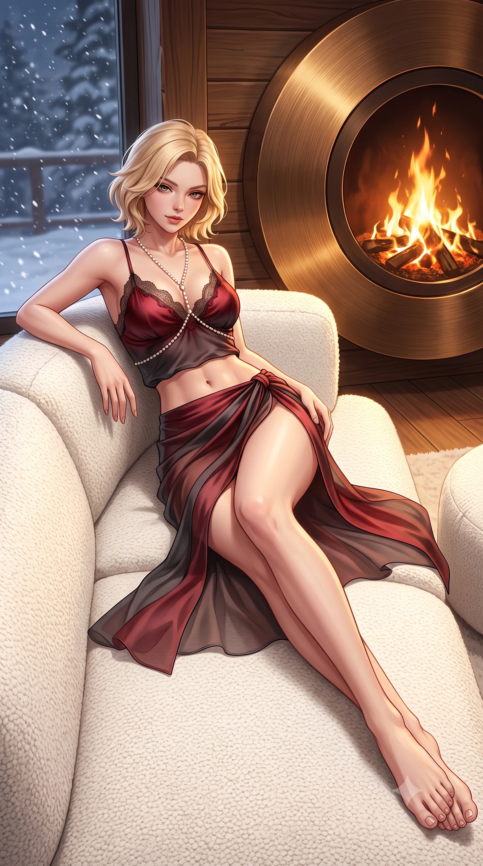 score_9, masterpiece, best quality, ultra-detailed, high-budget anime keyframe, semi-realistic 3D game render, editorial fashion photography, tasteful artistic composition, Caucasian woman. low angle full-body shot from head to toe showing her feet, filling the entire 9:16 vertical frame with her statuesque presence, stretching her vertical silhouette. lounging on the lavish daybed with legs crossed and hips angled toward the camera, displaying her toned midriff and long slender limbs with effortless siren poise while lounging across the oversized white bouclé sofa facing the roaring circular bronze fireplace, arching her back with effortless supermodel poise. The surrounding environment is rendered in vivid detail and crisp panoramic clarity: sharp brushed bronze fireplace cone texture, textured bouclé upholstery weave, and snow flurry trajectories outside in deep focus. She has an absolutely perfect, statuesque 8.5-heads proportion, an exceptionally tall and slender model-like female figure with impossibly long slender legs, an ultra-slim waist, a flat toned midriff, narrow delicate ribcage, and beautifully sculpted feminine hips creating a graceful, slim hourglass silhouette without any bulky heaviness. sharp v-shaped jawline, high-bridge nose, sparkling eyes with hypnotic seductive depth, thick curled eyelashes, glossy parted lips with a natural dewy peach sheen, alluring bedroom-eyes with an enchanting coquettish smile, exuding magnetic siren charisma and sophisticated glamour, flawlessly proportioned anatomical accuracy, strict slender model proportions, natural body alignment, perfectly sculpted long slender limbs, ultra-slim waistline, clean dynamic posture without body distortion. wearing a delicate lace-trimmed silk camisole paired with a draped satin wrap sarong mini skirt with high side slit in rich cherry lacquer and smoky charcoal, made of sheer gossamer chiffon that drapes softly against skin with airy translucence, accented with a pearl-drop body harness subtly framing her dewy collarbones and spine, the high-slit wrap tailoring accentuating her ultra-slim waistline and the enchanting curve of her feminine hips with alluring seductive charm. illuminated by hearth reflection bounce and sharp warm-gold rim lights defining her delicate clavicles, ultra-slim waist, and curvy hips. highly saturated vibrant anime colors, detailed shading with soft gradients, rich glossy textures, high-contrast stereoscopic depth, volumetric dynamic lighting, master piece, 9:16 ratio