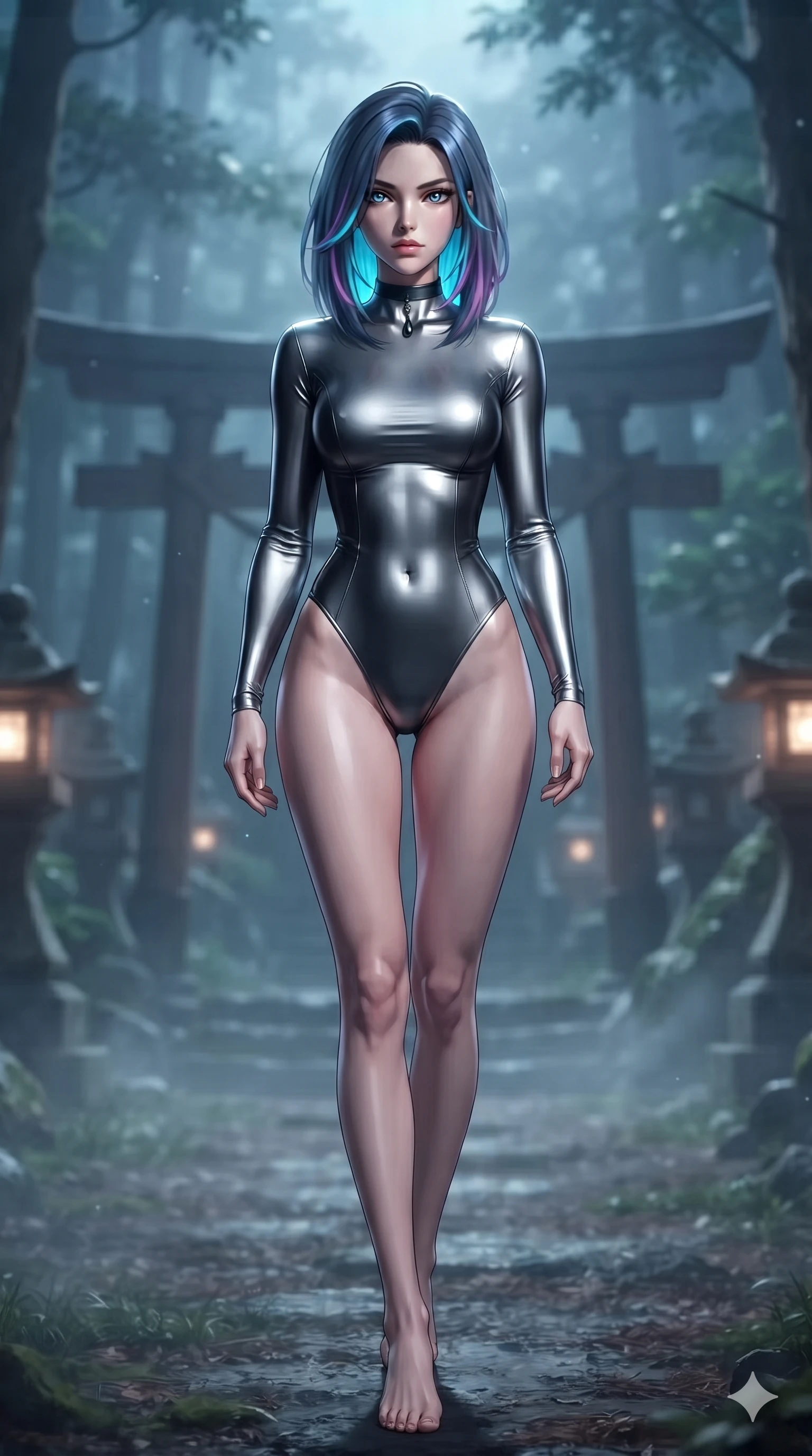 score_9, masterpiece, best quality, ultra-detailed, high-budget anime keyframe, editorial fashion photography, tasteful artistic composition, Caucasian woman. low angle full-body shot from head to toe showing her feet, filling the entire 9:16 vertical frame with her statuesque presence, stretching her vertical silhouette. navigating the midnight sanctuary with an effortless, graceful stride, hips swaying in an alluring sensual rhythm while stepping forward into the spiritual clearing with feline grace, hips swaying in an alluring sensual rhythm that accentuates her curvy hourglass silhouette. The background shows a soft-focus mystical Japanese forest shrine softened in spiritual nocturnal shallow focus. She has an absolutely perfect, statuesque 8.5-heads proportion, an exceptionally tall and slender model-like female figure with impossibly long slender legs, an ultra-slim waist, a flat toned midriff, narrow delicate ribcage, and beautifully sculpted feminine hips creating a graceful, slim hourglass silhouette without any bulky heaviness. sharp v-shaped jawline, high-bridge nose, intricate jewel-like dark sparkling eyes with hypnotic seductive depth, thick curled eyelashes, glossy parted lips with a natural wine sheen, alluring bedroom-eyes with an enigmatic smoldering smile, exuding magnetic sovereign charisma and dark avant-garde glamour, flawlessly proportioned anatomical accuracy, strict slender model proportions, natural body alignment, perfectly sculpted long slender limbs, ultra-slim waistline, clean dynamic posture without body distortion. wearing a sleek high-neck ribbed activewear bodysuit in matte black in metallic liquid silver and pitch black, woven from bespoke high-density barathea wool with refined ceremonial hold, finished with a minimalist dark choker and a single teardrop pendant, the liquid-tight tailored fabric clinging flawlessly to her narrow waist and rounded feminine hips, emphasizing every millimeter of her sculpted slim hourglass curves without any bulky heaviness. illuminated by spirit lantern cold ground bounce and sharp silver-cyan rim lights defining her razor-sharp jawline, narrow waist, and curvy hips. ultra-reflective glossy finish, specular highlights, metallic sheen, high-contrast stereoscopic depth, volumetric dynamic lighting, 2k, ultra detail, master piece, 9:16 ratio