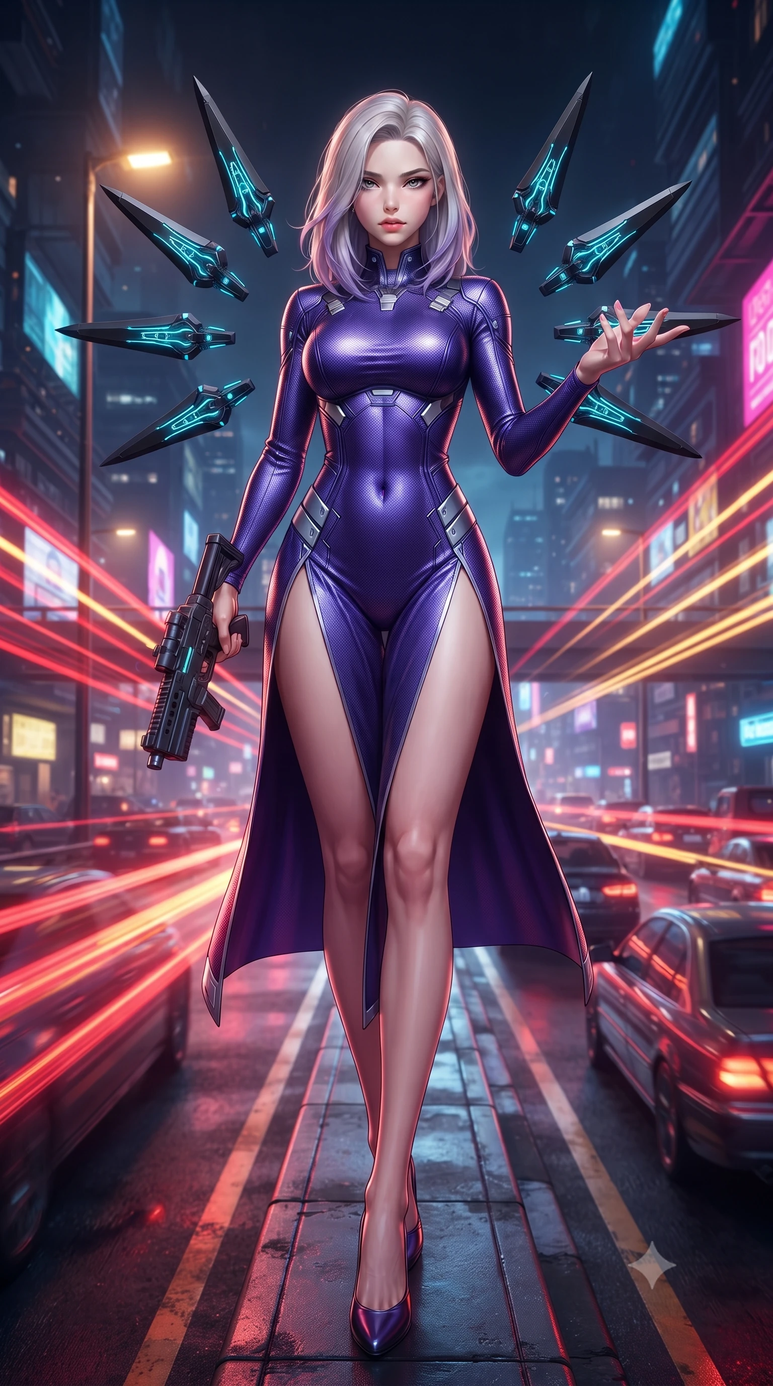 score_9, masterpiece, best quality, ultra-detailed, high-budget anime keyframe, editorial fashion photography, tasteful artistic composition, Caucasian woman. low angle full-body shot from head to toe showing her feet, filling the entire 9:16 vertical frame with her statuesque presence, stretching her vertical silhouette. striding forward with commanding supermodel grace, weapon held at the ready, her 8.5-heads statuesque silhouette dominating the vertical frame from head to toe while striding commanding down an elevated neon-lit expressway as autonomous cyber-traffic speeds past in blurred light trails. The surrounding environment is rendered in vivid detail and crisp panoramic clarity. vibrant high-contrast neon illumination and high-speed cyberpunk kinetic energy rendered with precision. She has an absolutely perfect, statuesque 8.5-heads proportion, an exceptionally tall and slender model-like female figure with impossibly long slender legs, a toned flat midriff, and an ultra-slim waist. sharp v-shaped jawline, high-bridge nose, intricate jewel-like eyes with depth, thick eyelashes, glossy lips with a natural sheen, flawlessly proportioned anatomical accuracy, strict slender model proportions, natural body alignment, perfectly sculpted long slender limbs, ultra-slim waistline, clean dynamic posture without body distortion. wearing a precision-fitted royal purple carbon-fiber battle-dress with high-slit tactical skirt and silver accents, directing eight floating nano-crystal funnel blades with sovereign gestures in matte obsidian carbon black with electric cyan conduits, tailored from flexible second-skin carbon-mesh that clings flawlessly to her athletic curves, accented with glowing fiber-optic conduits tracing her collarbones and hip curves, the form-contouring material adhering flawlessly to her sculpted flat midriff and slender torso, emphasizing her long leg lines and perfectly proportioned willowy build. bathed in blazing neon crimson and golden traffic trail backlighting with crisp streetlamp fill. ultra-reflective glossy finish, specular highlights, dark metallic sheen, high-contrast stereoscopic depth, volumetric dynamic lighting, 2k, ultra detail, master piece, 9:16 ratio