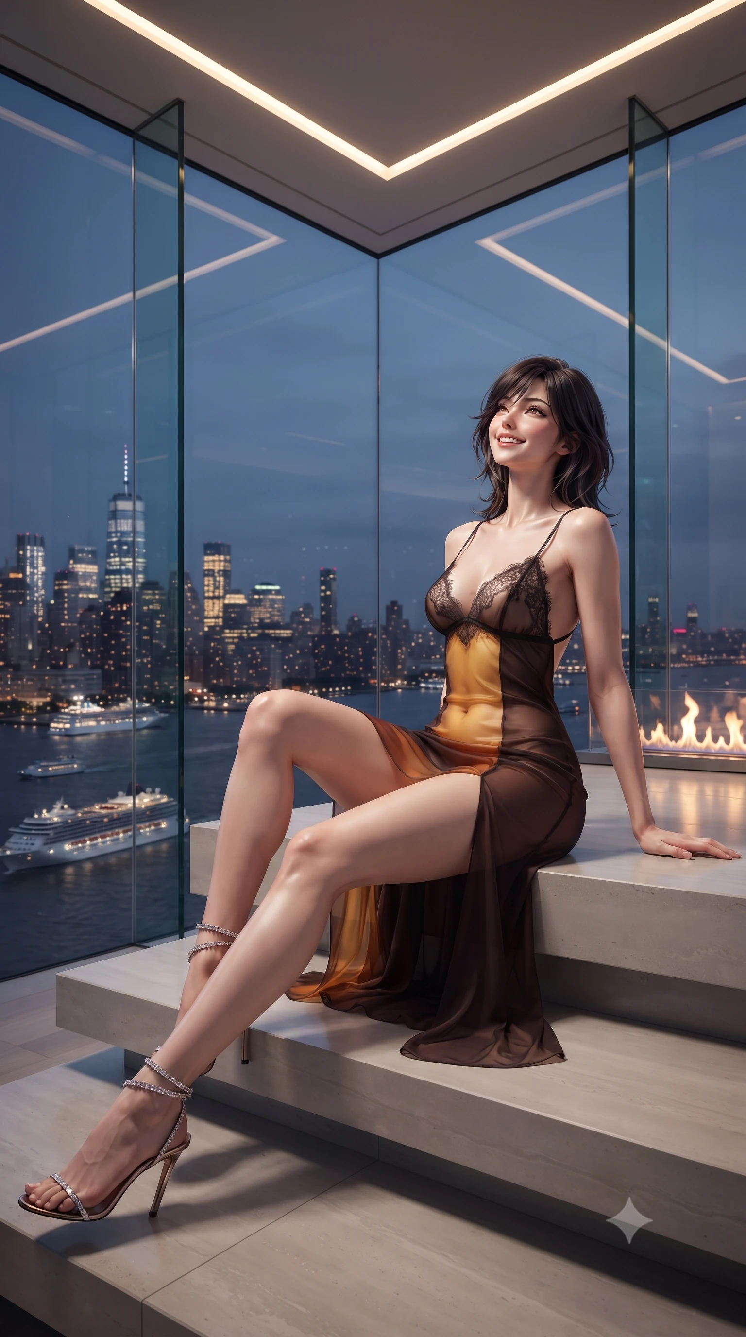 score_9, masterpiece, best quality, ultra-detailed, high-budget anime keyframe, editorial fashion photography, tasteful artistic composition, Caucasian woman. low angle full-body shot from head to toe showing her feet, filling the entire 9:16 vertical frame with her statuesque presence, stretching her vertical silhouette. sitting poised on the stone steps with one knee bent, arching her spine with supermodel elegance as she glances upward through thick eyelashes while standing poised at the frameless glass corner suspended above the Hudson River, arching her back as midnight cruise ships and New Jersey skyline glitter below. The background shows a soft-focus minimalist ethanol flame ribbon softened in ultra-modern skyscraper aerie shallow focus. She has an exceptionally tall and slender model-like 8.5-heads proportion, an ultra-slim waist, a flat toned midriff, narrow delicate ribcage, and beautifully sculpted feminine hips creating a graceful, slim hourglass silhouette without any bulky heaviness, with impossibly long slender legs. sharp v-shaped jawline, high-bridge nose, intricate jewel-like sparkling eyes with depth, thick eyelashes, glossy parted lips with a natural peach sheen, bright cheerful beaming smile with an enchanting and coquettish sensual glint, exuding both youthful cute charm and seductive allure, flawlessly proportioned anatomical accuracy, strict slender model proportions, natural body alignment, perfectly sculpted long slender limbs, ultra-slim waistline, clean dynamic posture without body distortion. wearing an alluring sheer silk chiffon slip with delicate eyelash lace cups and high side leg slits in Hannam-dong glowing amber and rich dark espresso, crafted from fluid liquid silk satin that clings smoothly to her narrow waist and rounded hips with a dewy sheen, complemented by strappy stiletto sandals with crystal ankle wraps accentuating her slender calves, the precision-cut side openings and low-back scoop framing her graceful spine and the sensual sweep of her slim, toned hips. bathed in the cool ambient glow of the illuminated river and city skyline mixed with warm recessed LED ceiling strips. ultra-reflective glossy finish, specular highlights, rich textural contrasts, high-contrast stereoscopic depth, volumetric dynamic lighting, 2k, ultra detail, master piece, 9:16 ratio