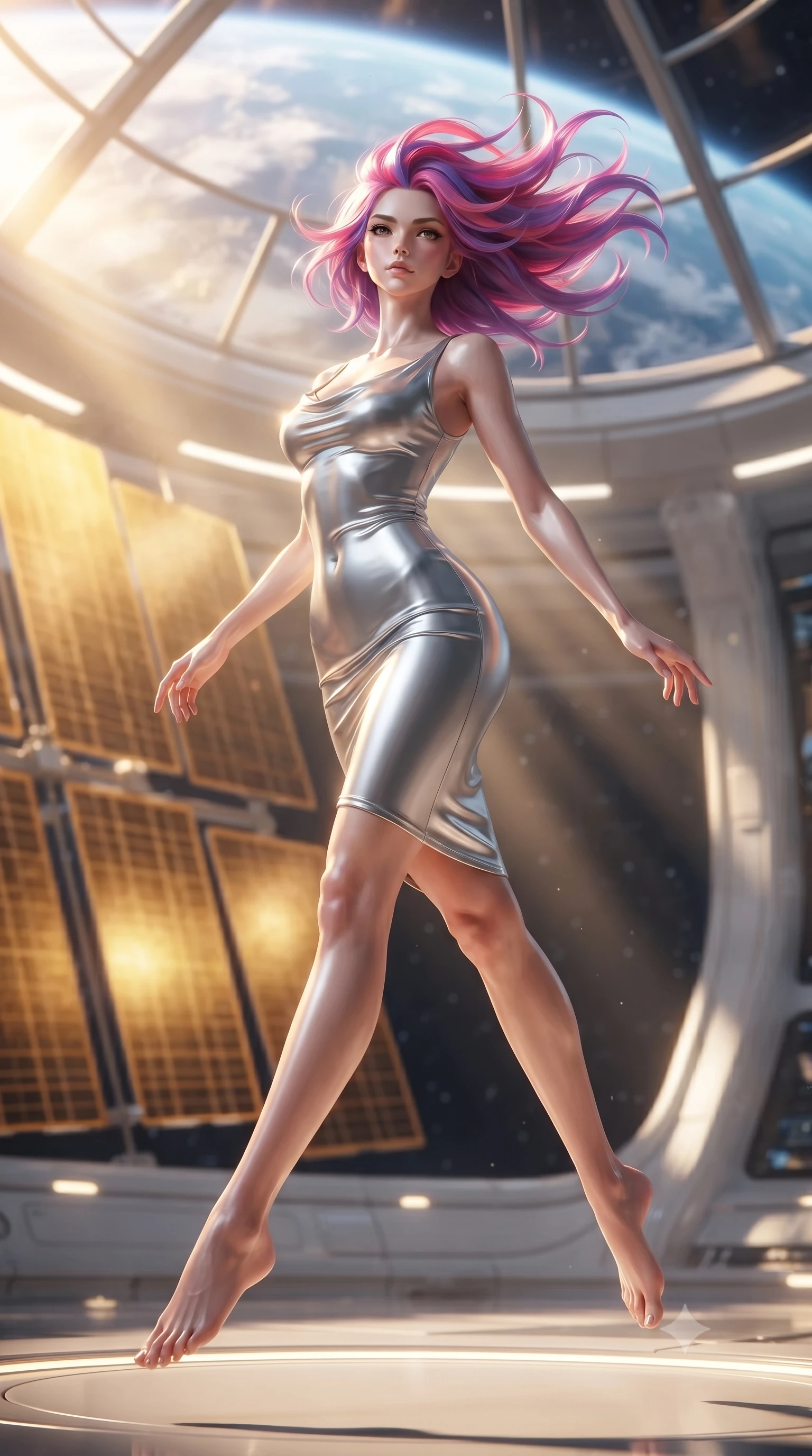 score_9, masterpiece, best quality, ultra-detailed, high-budget anime keyframe, editorial fashion photography, tasteful artistic composition, Caucasian woman woman. low angle full-body shot from head to toe showing her feet, filling the entire 9:16 vertical frame with her statuesque presence, stretching her vertical silhouette. She has an absolutely perfect, statuesque 8.5-heads proportion, an exceptionally tall and slender model-like female figure with impossibly long slender legs and an ultra-slim waist. leaping inside the glowing space with athletic poise, her hair swirling in a dynamic wind vortex, flawlessly proportioned anatomical accuracy, natural body alignment, perfectly sculpted elegant limbs, clean dynamic posture without body distortion. set against a soft-focus background of an orbital solarium deck with giant gold solar panels overlooking Earth. wearing a sleek bodycon liquid silver jersey dress hugging every curve with a subtle cowl neckline. bathed in intense golden hour solar light slicing through glass ceiling panels. ultra-reflective glossy finish, specular highlights, metallic sheen, high-contrast stereoscopic depth, volumetric dynamic lighting, 2k, ultra detail, master piece, 9:16 ratio