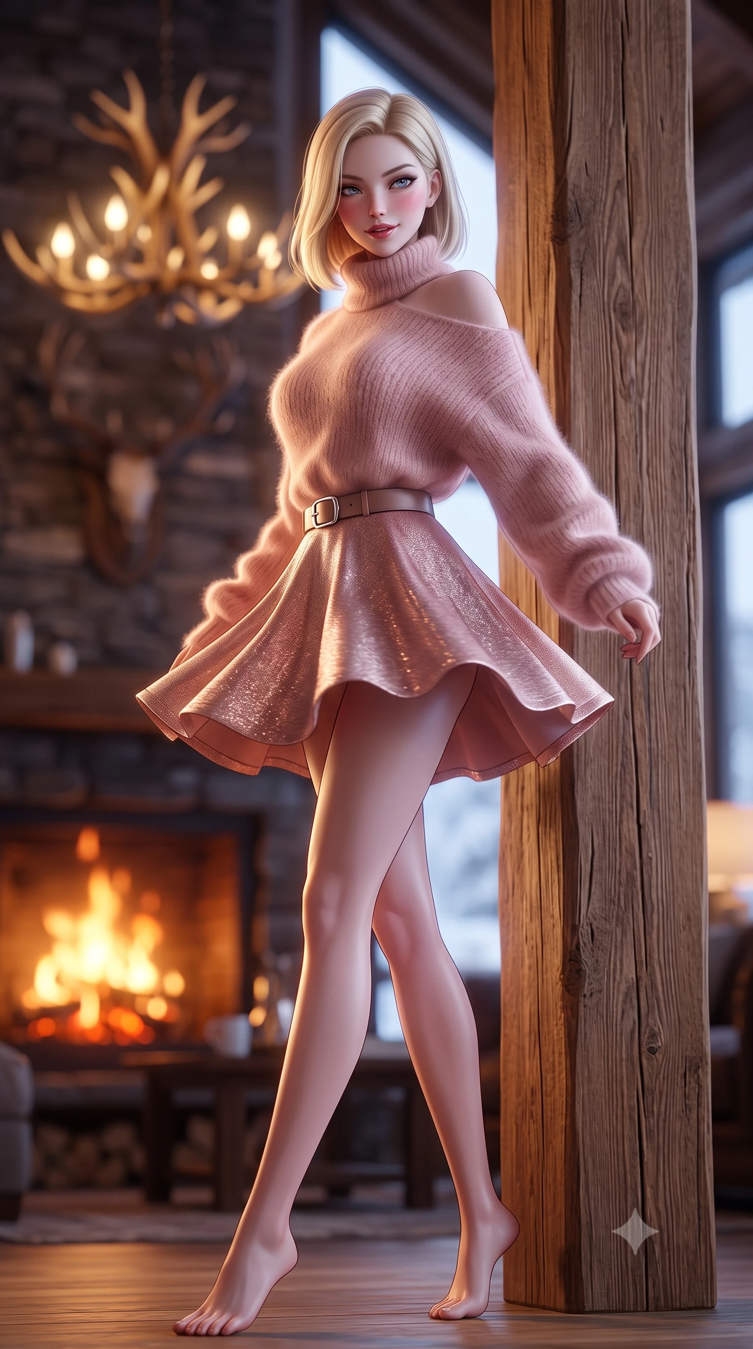 score_9, masterpiece, best quality, ultra-detailed, high-budget anime keyframe, semi-realistic 3D game render, editorial fashion photography, tasteful artistic composition, Korean woman. low angle full-body shot from head to toe showing her feet, filling the entire 9:16 vertical frame with her statuesque presence, stretching her vertical silhouette. executing a cheerful mid-motion pivot turn as her winter skirt flutters around her slender legs, glancing over her shoulder with an intoxicating, teasing bedroom-gaze while standing poised beside the massive cedar beam pillar with hips cocked back, looking into the lens with a teasing half-smile as flames illuminate her curves. The composition keeps background elements in soft focus with dreamy creamy bokeh. roaring orange fireplace embers and glowing antler chandeliers softened in opulent Rocky Mountain shallow focus. She has an exceptionally tall and slender model-like 8.5-heads proportion, an ultra-slim waist, a flat toned midriff, narrow delicate ribcage, and beautifully sculpted feminine hips creating a graceful, slim hourglass silhouette without any bulky heaviness, with impossibly long slender legs. sharp v-shaped jawline, high-bridge nose, sparkling ice-crystal eyes with depth, frosty thick lashes, glossy parted lips with a rosy berry sheen, bright playful smile with an intoxicating seductive glint, rosy flushed cheeks radiating cozy warmth and dangerous allure, flawlessly proportioned anatomical accuracy, strict slender model proportions, natural body alignment, perfectly sculpted long slender limbs, ultra-slim waistline, clean dynamic posture without body distortion. wearing a cozy oversized mohair turtleneck sweater falling off one bare shoulder over micro-shorts in soft blush pink and rose-gold metallic shimmer, tailored from crisp technical ski fabric with clean aerodynamic lines, accented with a sleek leather belt with polished silver buckle cinching her narrow waist, the high-waisted tailoring accentuating her ultra-slim waistline and the enchanting curve of her feminine hips with alluring winter charm. illuminated by cool winter twilight window bounce and rich warm-gold rim light sculpting her razor-sharp jawline, narrow waist, and curvy hips. highly saturated vibrant anime colors, detailed shading with soft gradients, rich glossy textures, high-contrast stereoscopic depth, volumetric dynamic lighting, master piece, 9:16 ratio