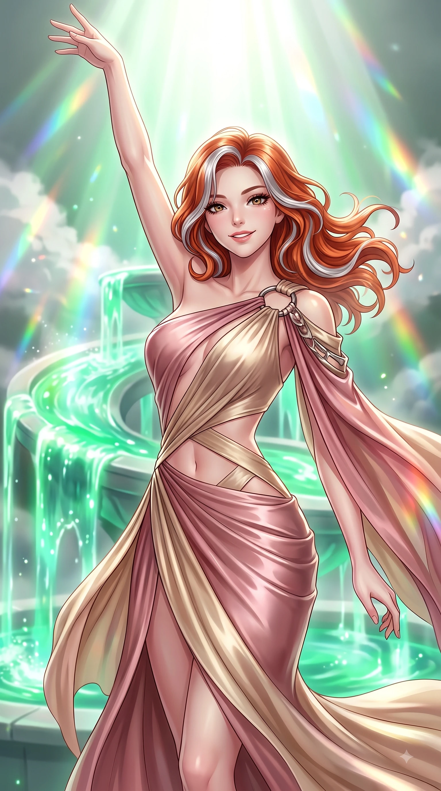 score_9, masterpiece, best quality, ultra-detailed, high-budget anime keyframe, editorial fashion photography, tasteful artistic composition, Caucasian woman. close-up cowboy shot from the waist and thighs up, the character dominates the composition, filling the frame with her large presence, background elements kept in soft focus. Extending one arm in an elegant stretch toward the light while smiling with magnetic self-assurance while pivoting dynamically beside a hydro-flow spiral fountain flowing with bioluminescent emerald sap, steam clouds refracting sunlight into brilliant rainbow prisms around her form. She has an exceptionally elegant, slender, and willowy female figure with an ultra-slim waist, a gracefully sculpted slender torso, and a refined silhouette. sharp v-shaped jawline, high-bridge nose, intricate jewel-like eyes with depth, thick eyelashes, glossy lips with a natural sheen, flawlessly proportioned anatomical accuracy, natural body alignment, perfectly sculpted elegant limbs, clean dynamic posture without body distortion. wearing an asymmetrical Grecian draped chiffon gown with a metallic shoulder ring in dusty rose and champagne gold, crafted from lustrous satin jersey with fluid draping, featuring subtle geometric cutouts that highlight her ultra-slim midriff, the tailored fabric tightly following every curve of her athletic build. surrounded by a bright, airy ambiance with radiant white and green highlights. highly saturated vibrant anime colors, detailed shading with soft gradients, rich glossy textures, high-contrast stereoscopic depth, volumetric dynamic lighting, master piece, 9:16 ratio