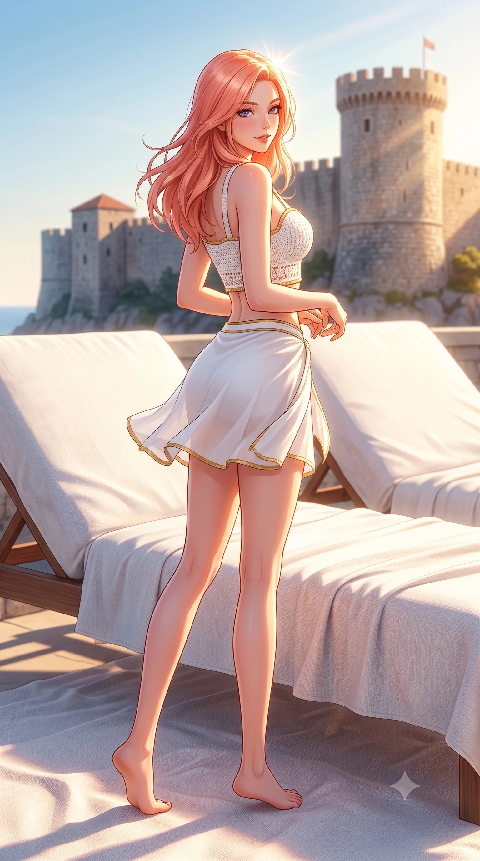 score_9, masterpiece, best quality, ultra-detailed, high-budget anime keyframe, semi-realistic 3D game render, editorial fashion photography, tasteful artistic composition, Japanese woman. low angle full-body shot from head to toe showing her feet, filling the entire 9:16 vertical frame with her statuesque presence, stretching her vertical silhouette. executing a cheerful mid-motion pivot turn as her resort dress flutters around her slender legs, glancing over her shoulder with an intoxicating, teasing bedroom-gaze while lounging on a white linen sunbed propped on one elbow, her long slender legs and hourglass curves highlighted by the setting sun. The surrounding environment is rendered in vivid detail and crisp panoramic clarity. detailed resort knit dress weave, sunburst highlights in hair, and medieval fortress stone clarity in high resolution. She has an exceptionally tall and slender model-like 8.5-heads proportion, an ultra-slim waist, a flat toned midriff, narrow delicate ribcage, and beautifully sculpted feminine hips creating a graceful, slim hourglass silhouette without any bulky heaviness, with impossibly long slender legs. sharp v-shaped jawline, high-bridge nose, sparkling amber-hazel eyes with depth, long lush eyelashes, glossy sun-kissed lips with a warm coral glaze, radiant teasing smile with sensual sunlit bedroom-eyes, exuding effortless old-money elegance and intoxicating sun-drenched allure, flawlessly proportioned anatomical accuracy, strict slender model proportions, natural body alignment, perfectly sculpted long slender limbs, ultra-slim waistline, clean dynamic posture without body distortion. wearing a sweetheart-neckline crochet knit crop top paired with a curve-hugging wrap mini skirt accentuating her hips in pure alabaster white and molten gold accents, tailored from airy semi-sheer chiffon that flutters gently in the evening breeze, accented with neat front carved mother-of-pearl buttons, the liquid-tight tailored fabric clinging flawlessly to her narrow waist and rounded feminine hips, emphasizing every millimeter of her sculpted slim hourglass curves without any bulky heaviness. bathed in warm Adriatic golden hour rays casting long dramatic shadows. highly saturated vibrant anime colors, detailed shading with soft gradients, rich glossy textures, high-contrast stereoscopic depth, volumetric dynamic lighting, master piece, 9:16 ratio