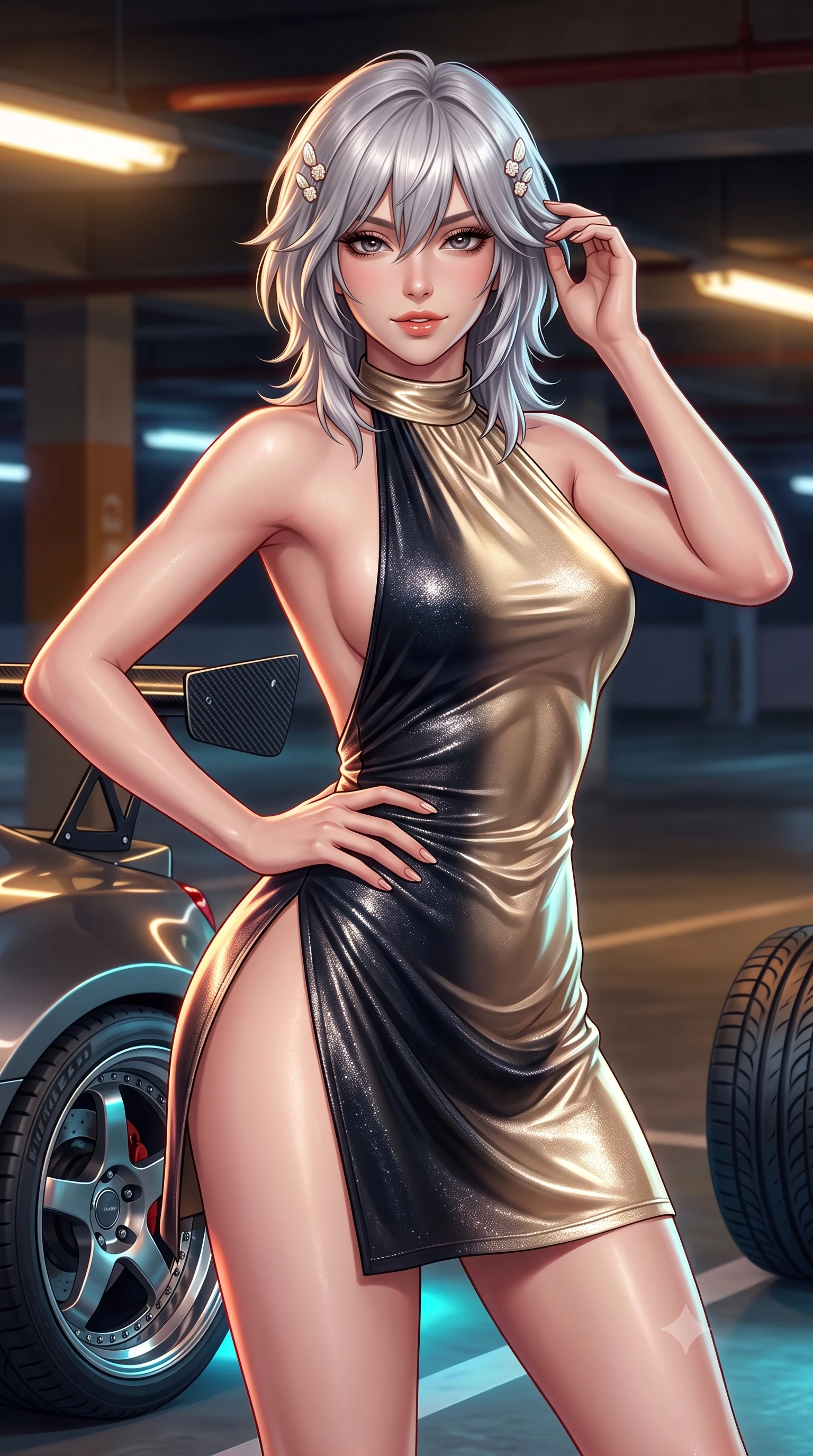 score_9, masterpiece, best quality, ultra-detailed, high-budget anime keyframe, semi-realistic 3D game render, editorial fashion photography, tasteful artistic composition, Japanese woman. close-up cowboy shot from the waist and thighs up, the character dominates the composition, filling the frame with her large presence. twisting her slender torso in an alluring contrapposto stance, one hand resting on her sculpted hip while her fingers toy with her hair with effortless poise while twisting her slender torso in an alluring S-curve, sodium parking lights and car underglow tracing her narrow waist and curvy hips. The surrounding environment is rendered in vivid detail and crisp panoramic clarity: sharp carbon-fiber aerodynamic wing weave, multi-piece alloy wheel rims, and tire tread grooves in deep focus. She has an exceptionally elegant, slender, and willowy female figure with an ultra-slim waist, flat toned midriff, narrow ribcage, and sculpted feminine hips creating an alluring, slim hourglass silhouette without bulk. sharp v-shaped jawline, high-bridge nose, sparkling eyes with hypnotic seductive depth, thick curled eyelashes, glossy parted lips with a natural dewy peach sheen, alluring bedroom-eyes with an enchanting coquettish smile, exuding magnetic siren charisma and sophisticated glamour, flawlessly proportioned anatomical accuracy, strict slender model proportions, natural body alignment, perfectly sculpted long slender limbs, ultra-slim waistline, clean dynamic posture without body distortion. wearing a slinky backless halterneck column mini dress in shimmering stretch lurex with deep side slits in midnight obsidian black and shimmering liquid champagne gold, crafted from fluid liquid silk satin that clings smoothly to every curve with a dewy sheen, finished with delicate mother-of-pearl hairpin ornaments glinting in her dark glossy hair, the high-slit wrap tailoring accentuating her ultra-slim waistline and the enchanting curve of her feminine hips with alluring seductive charm. bathed in warm industrial sodium-vapor parking floodlights mixed with vibrant car neon underglow. highly saturated vibrant anime colors, detailed shading with soft gradients, rich glossy textures, high-contrast stereoscopic depth, volumetric dynamic lighting, master piece, 9:16 ratio