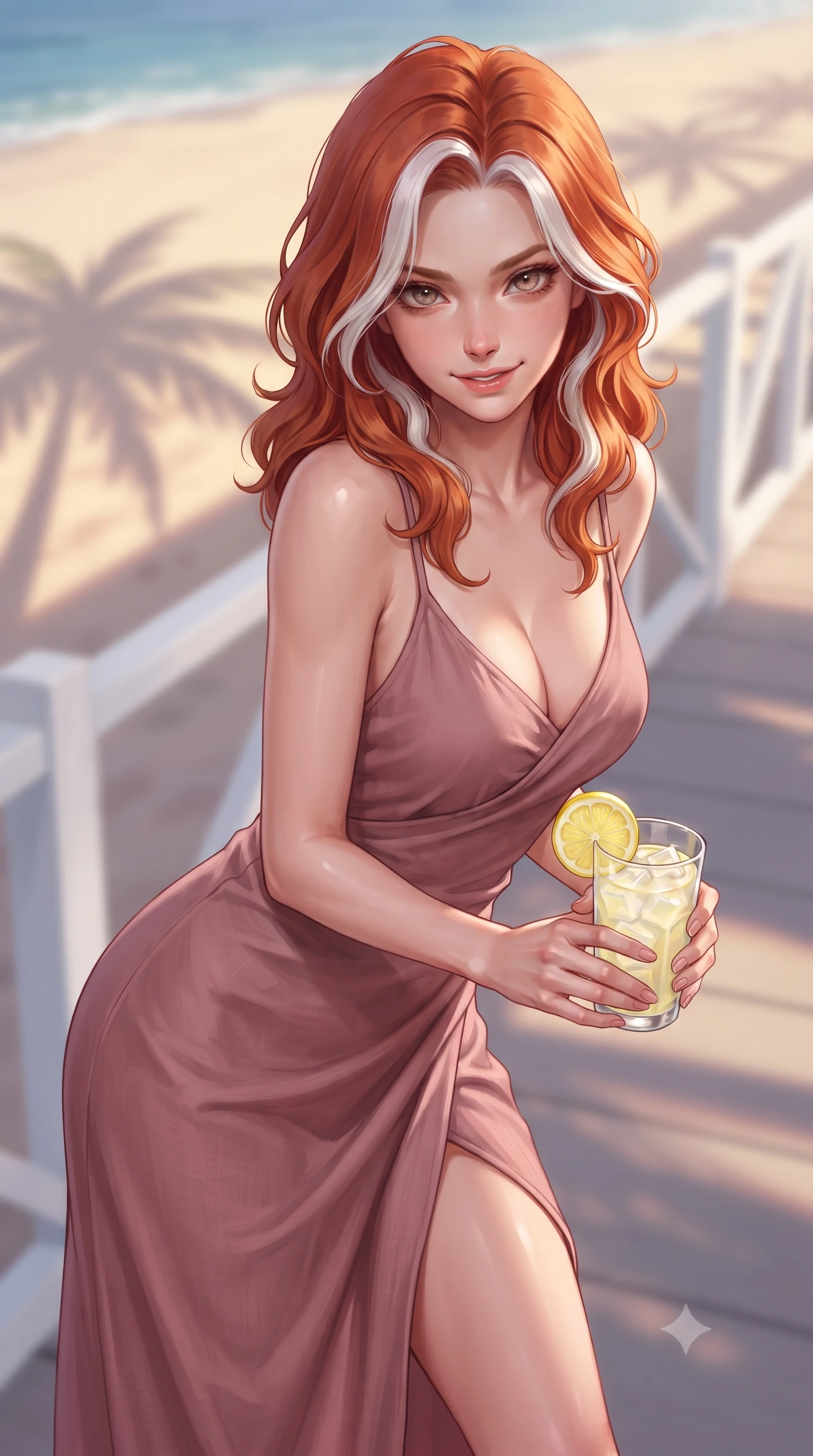 score_9, masterpiece, best quality, ultra-detailed, high-budget anime keyframe, editorial fashion photography, tasteful artistic composition, Caucasian woman. close-up cowboy shot from the waist and thighs up, the character dominates the composition, filling the frame with her large presence, background elements kept in soft focus. leaning slightly forward with a playful, sultry smile that holds direct, intense eye contact set against a soft-focus background of walking along a wooden seaside boardwalk lined with white railings holding a glass of iced lemonade with a slice of fresh lemon. She has an exceptionally elegant, slender, and willowy female figure with an ultra-slim waist, a gracefully sculpted slender torso, and a refined silhouette. sharp v-shaped jawline, high-bridge nose, intricate jewel-like eyes with depth, thick eyelashes, glossy lips with a natural sheen. wearing form-contouring flowy linen sundress in dusty rose, draped softly and comfortably. soft late afternoon sunbeams casting long shadows of palm leaves on the sand. highly saturated vibrant anime colors, detailed shading with soft gradients, rich glossy textures, high-contrast stereoscopic depth, volumetric dynamic lighting, master piece, 9:16 ratio