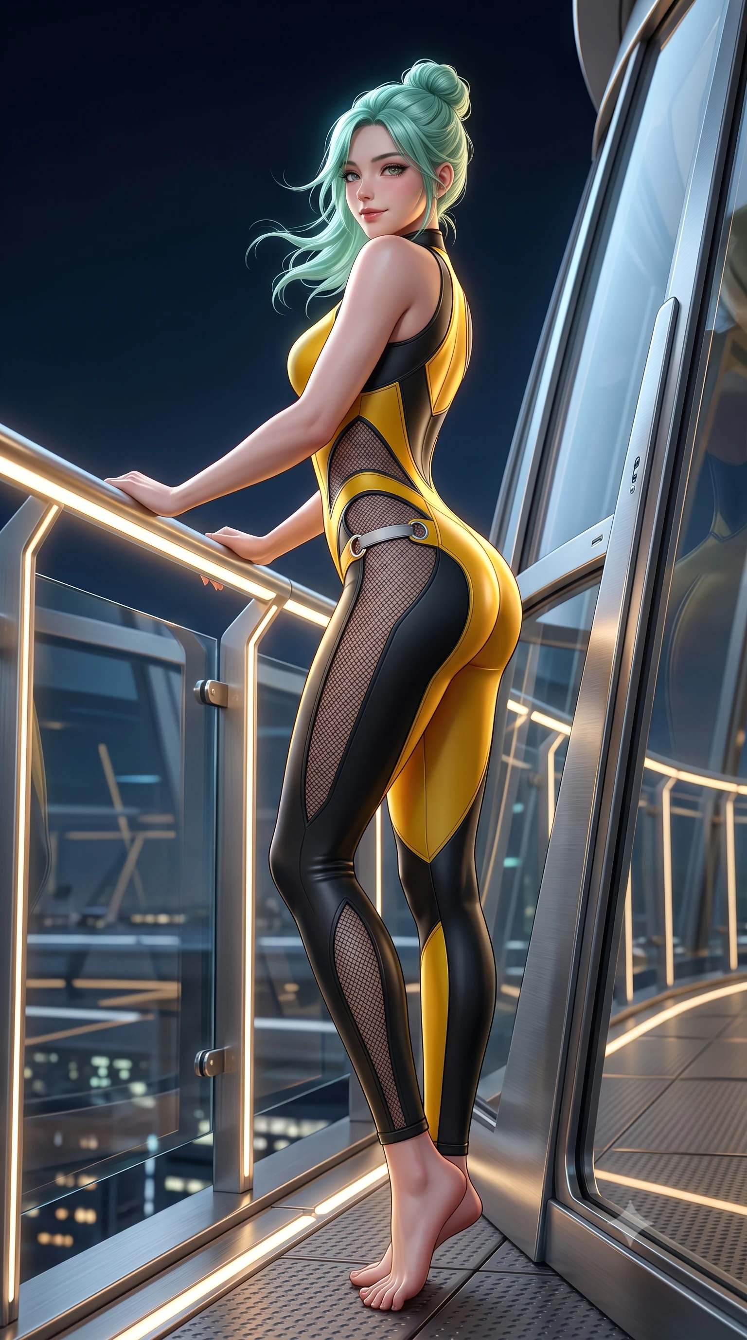 score_9, masterpiece, best quality, ultra-detailed, high-budget anime keyframe, semi-realistic 3D game render, editorial fashion photography, tasteful artistic composition, Japanese woman. low angle full-body shot from head to toe showing her feet, filling the entire 9:16 vertical frame with her statuesque presence, stretching her vertical silhouette. standing in a tall, confident posture with one hand on a glowing metal railing, stretching her statuesque body as she arches her lower back to emphasize her sculpted feminine hips and slender waist while leaning against the aerodynamic glass windbreak with hips cocked back, looking over a bare shoulder with an intoxicating, wind-blown smile. The surrounding environment is rendered in vivid detail and crisp panoramic clarity: sharp glass windbreak bevels, polished brushed aluminum deck seams, and cocktail glass clarity in deep focus. She has an absolutely perfect, statuesque 8.5-heads proportion, an exceptionally tall and slender model-like female figure with impossibly long slender legs, an ultra-slim waist, a flat toned midriff, narrow delicate ribcage, and beautifully sculpted feminine hips creating a graceful, slim hourglass silhouette without any bulky heaviness. sharp v-shaped jawline, high-bridge nose, intricate jewel-like sparkling eyes with depth, thick eyelashes, glossy parted lips with a natural sheen, bright confident smile with an enchanting and coquettish sensual glint, exuding both youthful magnetic charm and sovereign high-tech allure, flawlessly proportioned anatomical accuracy, strict slender model proportions, natural body alignment, perfectly sculpted long slender limbs, ultra-slim waistline, clean dynamic posture without body distortion. wearing a futuristic cut-out nano-suit with diamond-shaped side-torso mesh insets tracing her slim hourglass curves in industrial hazard yellow and matte carbon black, made of high-grade ballistic nylon with precision laser-cut perforations, finished with sharp laser-cut side ventilation slits framed by silver hardware rings, the liquid-tight tailored fabric clinging flawlessly to her narrow waist and rounded feminine hips, emphasizing every millimeter of her sculpted slim hourglass curves without any bulky heaviness. illuminated by terrace accent lighting and sharp champagne-gold rim lights defining her sculpted collarbones, ultra-slim waist, and curvy hips. highly saturated vibrant anime colors, detailed shading with soft gradients, rich glossy textures, high-contrast stereoscopic depth, volumetric dynamic lighting, master piece, 9:16 ratio