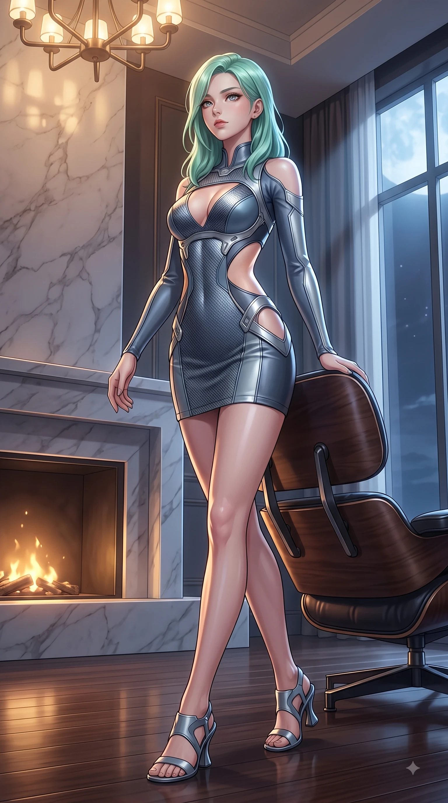 score_9, masterpiece, best quality, ultra-detailed, high-budget anime keyframe, editorial fashion photography, tasteful artistic composition, Japanese woman. low angle full-body shot from head to toe showing her feet, filling the entire 9:16 vertical frame with her statuesque presence, stretching her vertical silhouette. stepping forward in a proud dynamic stride with an alluring waist tilt, her vertical silhouette filling the frame while resting on a leather lounge chair by a marble fireplace as soft golden hearth embers highlight her slender torso, soft moonlight tracing her slender shoulder, graceful clavicle, and contoured waistline elegantly. She has an absolutely perfect, statuesque 8.5-heads proportion, an exceptionally tall and slender model-like female figure with impossibly long slender legs and an ultra-slim waist. sharp v-shaped jawline, high-bridge nose, intricate jewel-like eyes with depth, thick eyelashes, glossy lips with a natural sheen, flawlessly proportioned anatomical accuracy, natural body alignment, perfectly sculpted elegant limbs, clean dynamic posture without body distortion. wearing a dramatic open-waist cutout mini dress framed by sculptural hardware in slate blue and metallic silver, made of fine carbon-fiber weave and soft matte leather, accented with a Tasteful chest slit framing her clavicle gracefully, the glove-like fit emphasizing her statuesque silhouette during motion. bathed in warm luxury ambient lighting and soft silver moonlight tracing every curve. highly saturated vibrant anime colors, detailed shading with soft gradients, rich glossy textures, high-contrast stereoscopic depth, volumetric dynamic lighting, master piece, 9:16 ratio