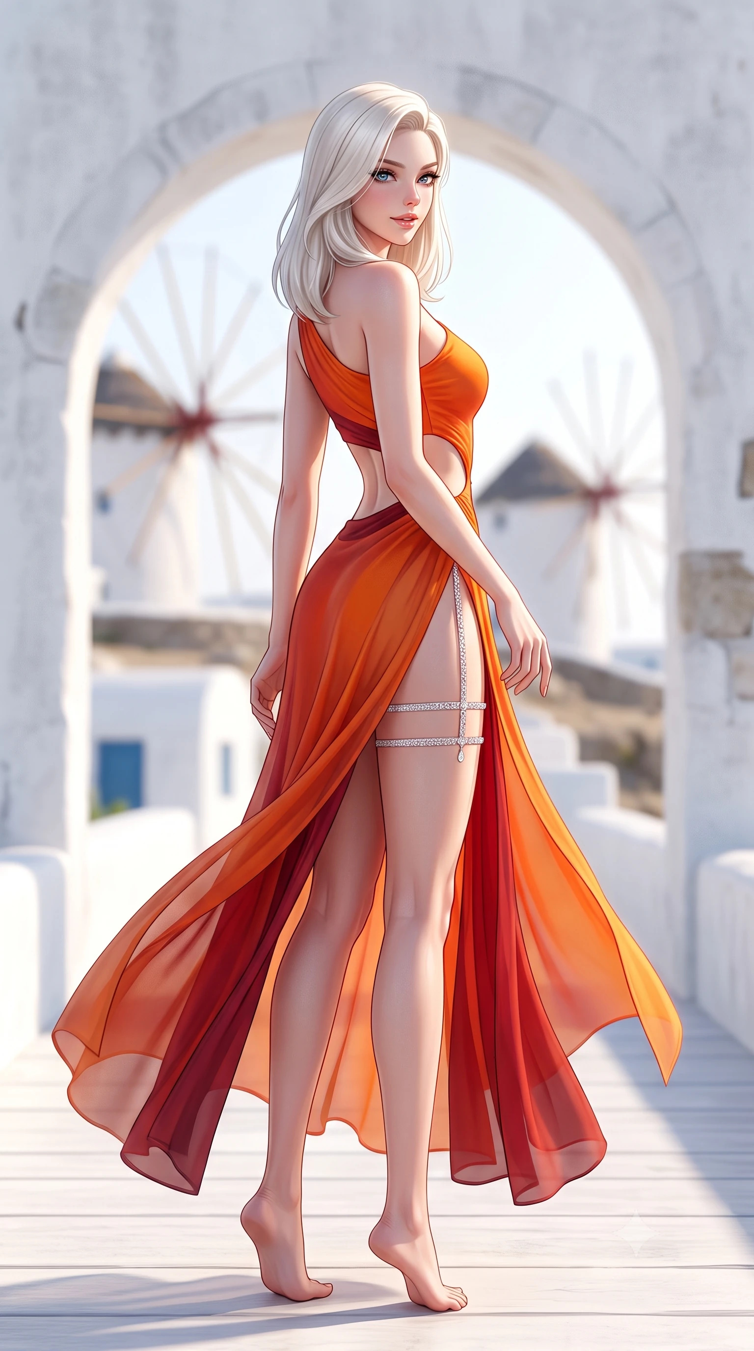 score_9, masterpiece, best quality, ultra-detailed, high-budget anime keyframe, semi-realistic 3D game render, editorial fashion photography, tasteful artistic composition, Caucasian woman. low angle full-body shot from head to toe showing her feet, filling the entire 9:16 vertical frame with her statuesque presence, stretching her vertical silhouette. executing a slow, graceful pivot turn as her skirt sways around her slender legs, glancing back with an enchanting, teasing sensual expression while standing tall on the whitewashed boardwalk beside the historic windmills, arching her spine with effortless Aegean supermodel grace. The background shows a soft-focus cycladic stone arches softened in idyllic Greek island shallow focus. She has an absolutely perfect, statuesque 8.5-heads proportion, an exceptionally tall and slender model-like female figure with impossibly long slender legs, an ultra-slim waist, a flat toned midriff, narrow delicate ribcage, and beautifully sculpted feminine hips creating a graceful, slim hourglass silhouette without any bulky heaviness. sharp v-shaped jawline, high-bridge nose, sparkling eyes with hypnotic seductive depth, thick curled eyelashes, glossy parted lips with a natural dewy peach sheen, alluring bedroom-eyes with an enchanting coquettish smile, exuding magnetic siren charisma and sophisticated glamour, flawlessly proportioned anatomical accuracy, strict slender model proportions, natural body alignment, perfectly sculpted long slender limbs, ultra-slim waistline, clean dynamic posture without body distortion. wearing an asymmetric one-shoulder liquid jersey resort gown with dramatic hip-high slit and waist cutout in blazing desert sunset orange and deep canyon crimson, made of sheer gossamer chiffon that drapes softly against skin with airy translucence, finished with delicate crystal-encrusted thigh garter straps glinting in the sunlight, the glove-like clinging cut tightly following the natural contour of her hips and long slender legs with youthful 8.5-heads elegance. bathed in brilliant Grecian afternoon sunlight bouncing off whitewashed stone surfaces. highly saturated vibrant anime colors, detailed shading with soft gradients, rich glossy textures, high-contrast stereoscopic depth, volumetric dynamic lighting, master piece, 9:16 ratio