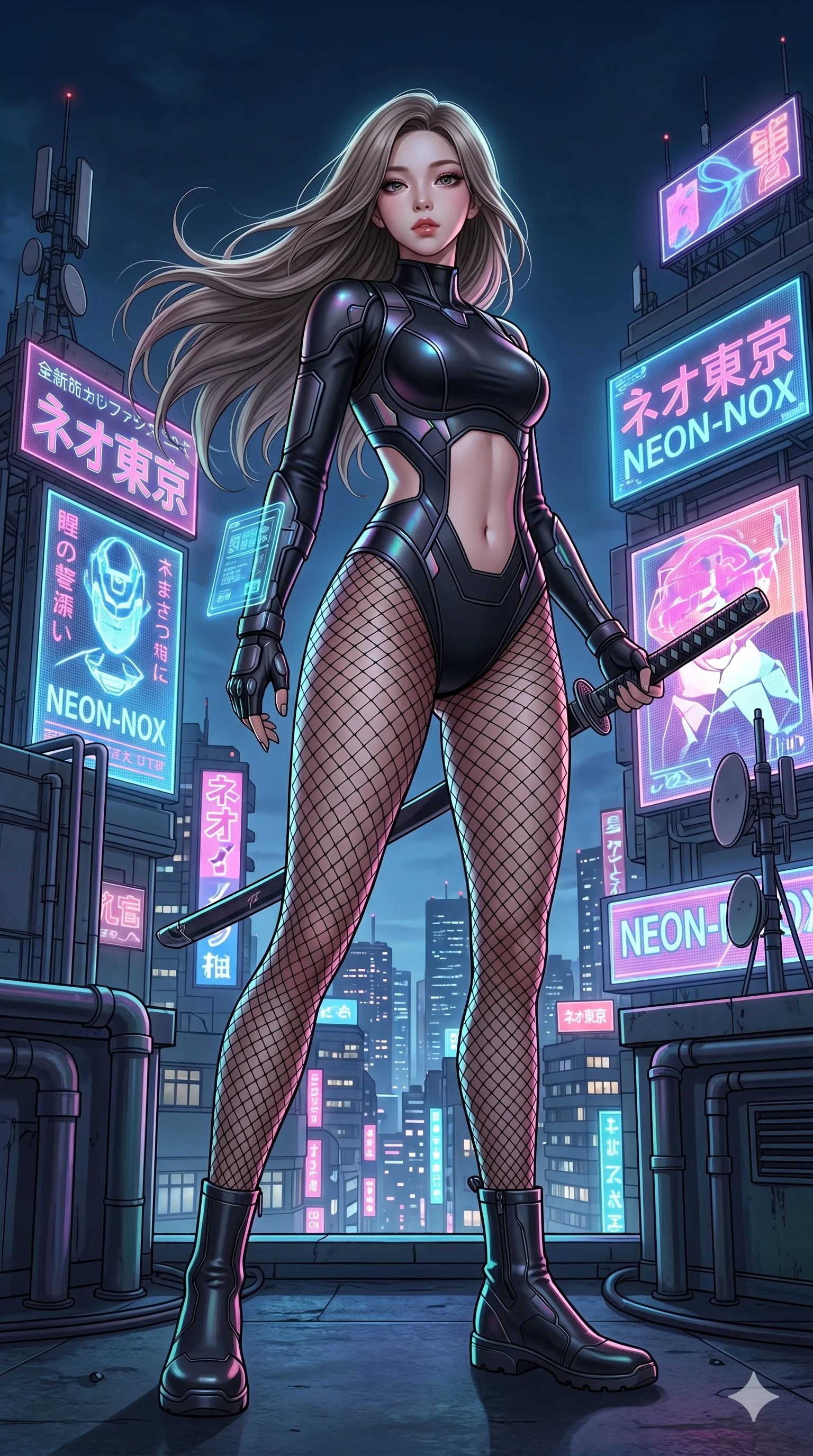 score_9, masterpiece, best quality, ultra-detailed, semi-realistic high-budget anime keyframe, an incredibly beautiful Japanese anime girl. Low angle cowboy shot filling the frame. She has an absolutely perfect 8-heads proportion, an exceptionally tall female figure with a slim-fit toned body. Her face is a highly detailed masterpiece featuring a v-shaped jawline, high-bridge nose, intricate jewel-like eyes, thick eyelashes, and glossy lips. She has ash brown flowing hair. She is wearing a tight-fitting cybernetic ninja outfit, midriff exposed, sensual fishnet stockings, highlighting her alluring silhouette. Futuristic rooftop, glowing neon billboards, dramatic rim lighting, cinematic shadows, 2k, ultra detail, master piece, 9:16 ratio