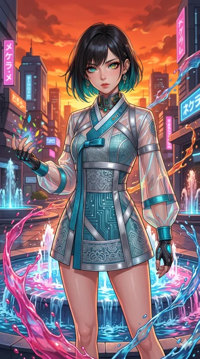 score_9, masterpiece, best quality, ultra-detailed, High-budget Anime Keyframe, beautiful Japanese anime girl. Upper body close-up from the thighs up, character filling the screen for maximum presence. Standing in a fountain of colorful liquid in a f