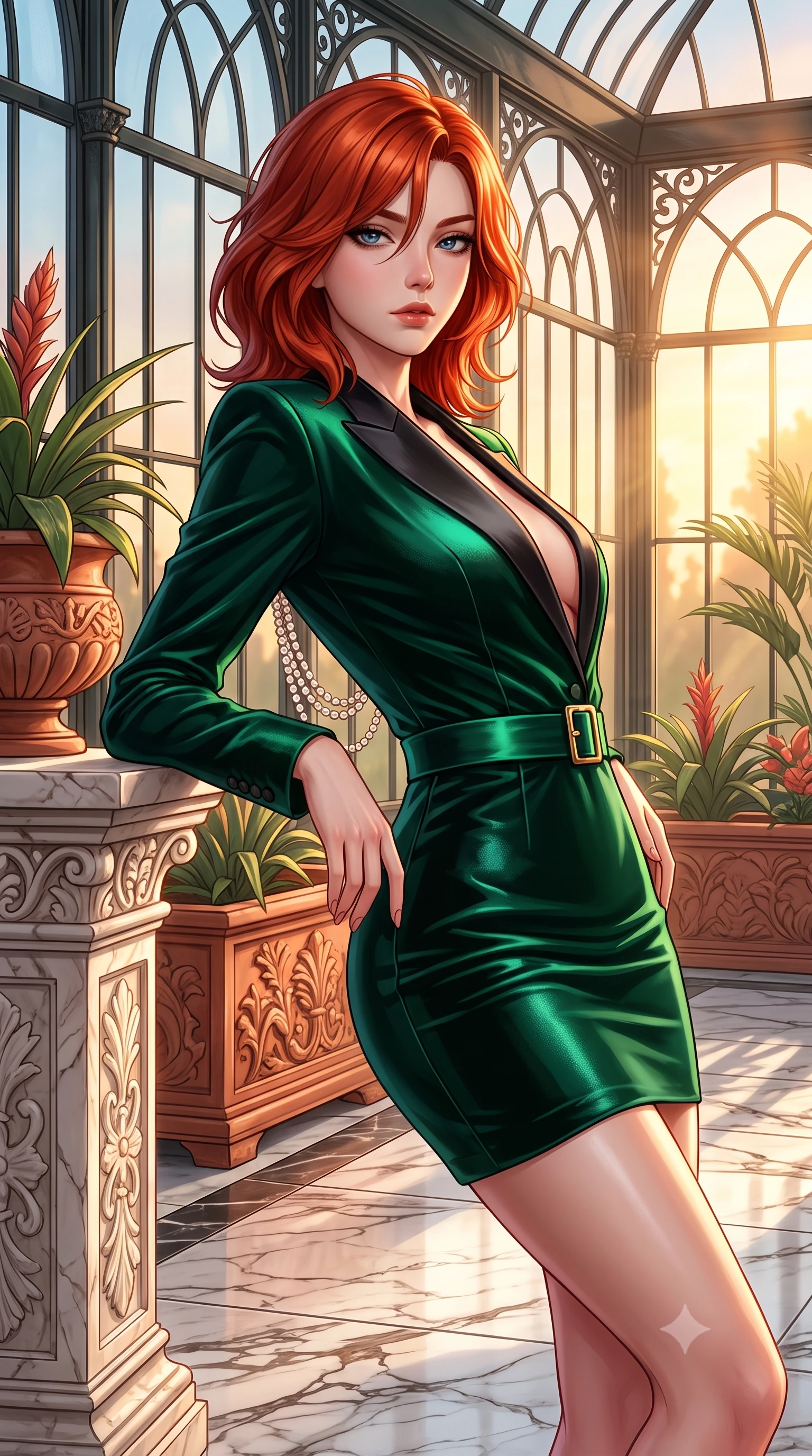 score_9, masterpiece, best quality, ultra-detailed, high-budget anime keyframe, semi-realistic 3D game render, editorial fashion photography, tasteful artistic composition, Korean woman. close-up cowboy shot from the waist and thighs up, the character dominates the composition, filling the frame with her large presence. leaning back with relaxed seductive grace, her sculpted collarbones and narrow waist highlighted as she casts smoldering bedroom-eyes directly into the camera while leaning against a carved marble plant pedestal with hips cocked back, looking over her shoulder with an aristocratic, haughty bedroom-gaze. The surrounding environment is rendered in vivid detail and crisp panoramic clarity. sharp wrought-iron conservatory mullions, terracotta planter reliefs, and marble floor veining in deep focus. She has an exceptionally elegant, slender, and willowy female figure with an ultra-slim waist, flat toned midriff, narrow ribcage, and sculpted feminine hips creating an alluring, slim hourglass silhouette without bulk. sharp v-shaped jawline, high-bridge nose, intricate jewel-like eyes with depth, thick eyelashes, glossy parted lips with a natural sheen, intensely captivating and seductive bedroom-eyes expression, flawlessly proportioned anatomical accuracy, strict slender model proportions, natural body alignment, perfectly sculpted long slender limbs, ultra-slim waistline, clean dynamic posture without body distortion. wearing a tailored velvet tuxedo jacket dress with satin lapels, worn with a deep plunge neckline and gold hip buckle in deep emerald green satin and gold hardware, tailored from second-skin aerodynamic stretch vinyl with specular wet sheen, accented with a multi-strand pearl back necklace cascading down her bare spine to her hips, the liquid-tight tailored fabric clinging flawlessly to her narrow waist and rounded feminine hips, emphasizing every millimeter of her sculpted slim hourglass curves without any bulky heaviness. bathed in dramatic golden hour sunset rays streaming through towering glasshouse arched windows. highly saturated vibrant anime colors, detailed shading with soft gradients, rich glossy textures, high-contrast stereoscopic depth, volumetric dynamic lighting, master piece, 9:16 ratio