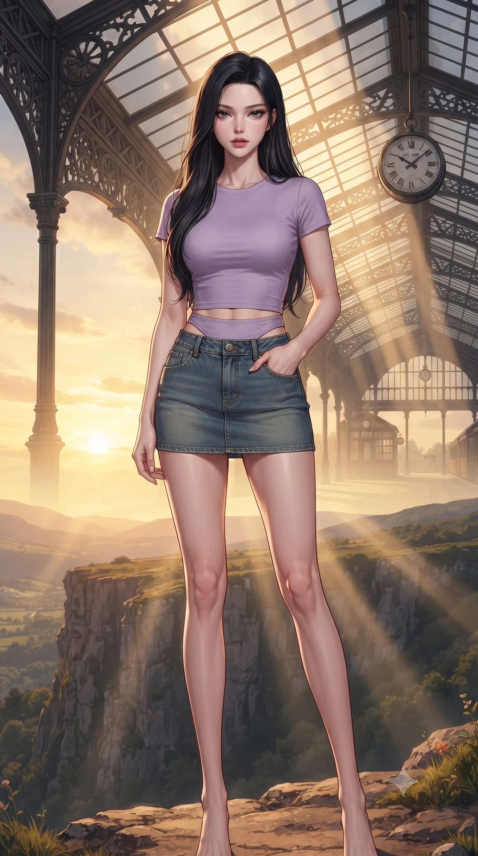 score_9, masterpiece, best quality, ultra-detailed, high-budget anime keyframe, editorial fashion photography, tasteful artistic composition, Korean woman woman. low angle full-body shot from head to toe showing her feet, filling the entire 9:16 vertical frame with her statuesque presence, stretching her vertical silhouette. standing proud on a scenic cliff overlooking the valley, her silhouette framed by the golden sky the background shows a soft-focus a historic train station platform built of iron and glass, with a classic clock hanging. She has an absolutely perfect, statuesque 8.5-heads proportion, an exceptionally tall and slender model-like female figure with impossibly long slender legs and an ultra-slim waist. sharp v-shaped jawline, high-bridge nose, intricate jewel-like eyes with depth, thick eyelashes, glossy lips with a natural sheen. wearing a slim-fit modern crop top in lavender cotton paired with a low-rise denim skirt and a subtle waist cut-out. morning sunrays cutting through the glass roof, creating volumetric light shafts. ultra-reflective glossy finish, specular highlights, metallic sheen, high-contrast stereoscopic depth, volumetric dynamic lighting, 2k, ultra detail, master piece, 9:16 ratio
