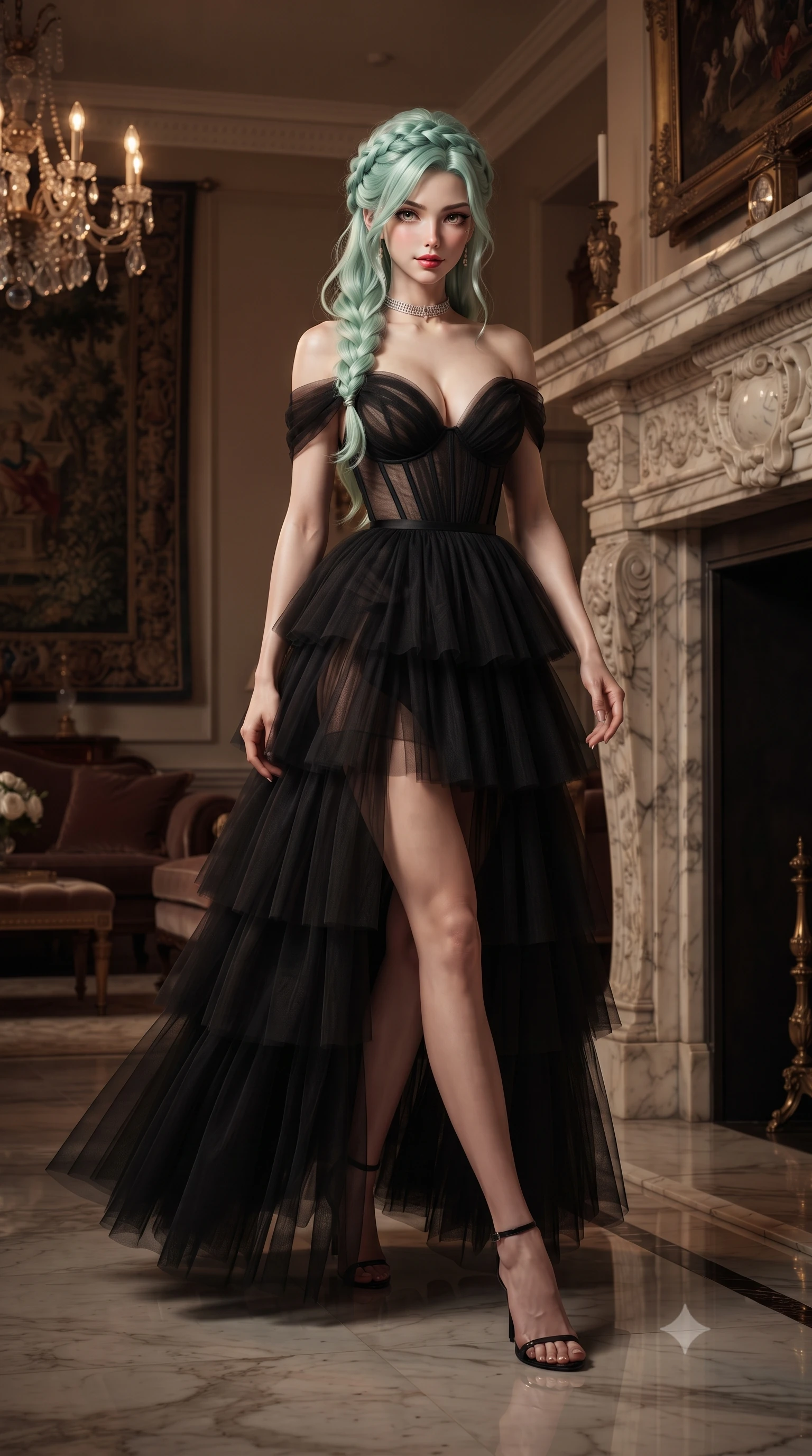 score_9, masterpiece, best quality, ultra-detailed, high-budget anime keyframe, editorial fashion photography, tasteful artistic composition, Japanese woman. low angle full-body shot from head to toe showing her feet, filling the entire 9:16 vertical frame with her statuesque presence, stretching her vertical silhouette. striding forward gracefully across the reflective floor with sovereign supermodel poise, hips swaying in an alluring kinetic rhythm that accentuates her curvy hourglass silhouette and long slender legs while standing poised beside a towering marble fireplace with hips cocked back, casting an alluring, sovereign gaze toward the viewer. The surrounding environment is rendered in vivid detail and crisp panoramic clarity. detailed tailored suit or dress weave, jewelry shine, and Mayfair townhouse interior clarity in high resolution. She has an exceptionally tall and slender model-like 8.5-heads proportion, an ultra-slim waist, a flat toned midriff, narrow delicate ribcage, and beautifully sculpted feminine hips creating a graceful, slim hourglass silhouette without any bulky heaviness, with impossibly long slender legs. sharp v-shaped jawline, high-bridge nose, intricate jewel-like dark sparkling eyes with dangerous depth, thick curled eyelashes, glossy parted lips with a rich wine sheen, smoldering seductive half-smile with bedroom-eyes, exuding effortless superiority and intoxicating dark allure, flawlessly proportioned anatomical accuracy, strict slender model proportions, natural body alignment, perfectly sculpted long slender limbs, ultra-slim waistline, clean dynamic posture without body distortion. wearing a tiered semi-sheer black tulle and silk slip dress with an ultra-slim corseted waist and bare shoulders in deep forest teal and dark gunmetal, tailored from fine lightweight midnight wool crepe with crisp architectural structure, finished with a delicate diamond choker catching the chandelier light, the precision-cut side openings and low-back scoop framing her graceful spine and the sensual sweep of her slim, toned hips. bathed in soft warm table lamp ambient fill and deep atmospheric shadow tones. ultra-reflective glossy finish, specular highlights, rich textural contrasts, high-contrast stereoscopic depth, volumetric dynamic lighting, 2k, ultra detail, master piece, 9:16 ratio
