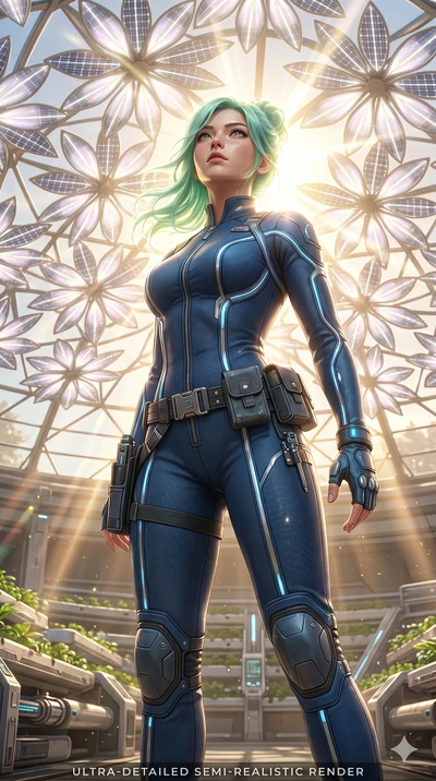 score_9, masterpiece, best quality, ultra-detailed, high-budget anime keyframe, semi-realistic 3D game render, Japanese woman. Upper body close-up from the thighs up, character filling the screen for maximum presence. Standing under a dome of glowing