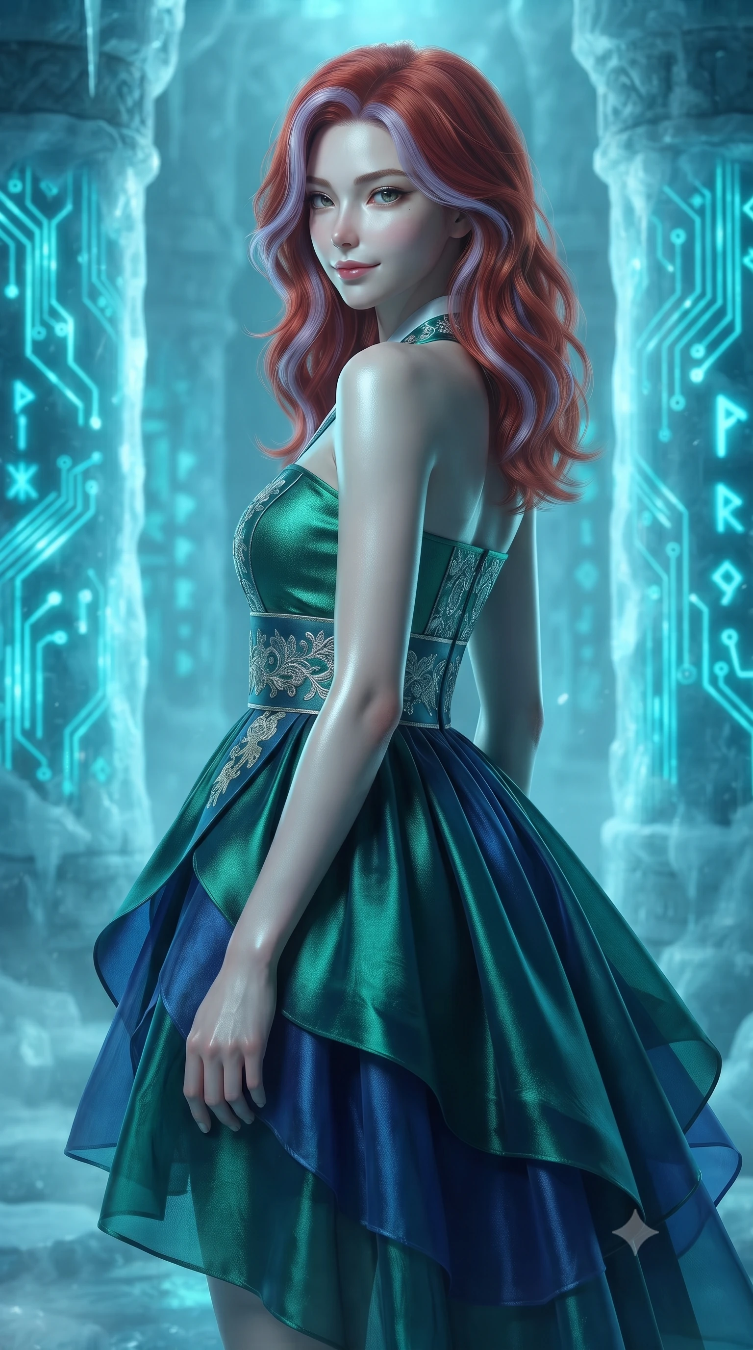 score_9, masterpiece, best quality, ultra-detailed, high-budget anime keyframe, editorial fashion photography, tasteful artistic composition, Caucasian woman woman. close-up cowboy shot from the waist and thighs up, the character dominates the composition, filling the frame with her large presence, background elements kept in soft focus. She has an exceptionally elegant, slender, and willowy female figure with an ultra-slim waist, a gracefully sculpted slender torso, and a refined silhouette. glancing sidelong over her shoulder with a smoldering, magnetic half-smile, flawlessly proportioned anatomical accuracy, natural body alignment, perfectly sculpted elegant limbs, clean dynamic posture without body distortion. set against a soft-focus background of frozen ice columns embedded with pulsing neon circuit boards. wearing a modern fusion silk hanbok dress with a structured emerald bodice and flowing layered skirt. bathed in glowing cyan light radiating from sub-zero circuit runes with cool ambient backdrops. ultra-reflective glossy finish, specular highlights, metallic sheen, high-contrast stereoscopic depth, volumetric dynamic lighting, 2k, ultra detail, master piece, 9:16 ratio