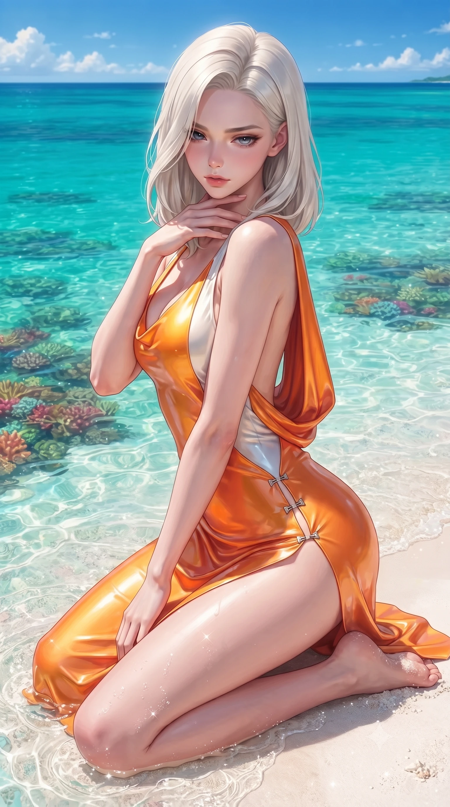 score_9, masterpiece, best quality, ultra-detailed, high-budget anime keyframe, editorial fashion photography, tasteful artistic composition, Caucasian woman. close-up cowboy shot from the waist and thighs up, the character dominates the composition, filling the frame with her large presence. resting her fingers lightly against her throat while looking down with a smoldering, haughty yet intensely captivating glance while kneeling on sparkling white sand as crystal-clear sea water ripples around her slender thighs. The surrounding environment is rendered in vivid detail and crisp panoramic clarity. vibrant coral reef textures beneath crystal water, fine white sand grain, and emerald ocean gradients in deep focus. She has an exceptionally elegant, slender, and willowy female figure with an ultra-slim waist, a gracefully sculpted slender torso, toned flat midriff, and a refined slim silhouette. sharp v-shaped jawline, high-bridge nose, intricate jewel-like eyes with depth, thick eyelashes, glossy lips with a natural sheen, flawlessly proportioned anatomical accuracy, strict slender model proportions, natural body alignment, perfectly sculpted long slender limbs, ultra-slim waistline, clean dynamic posture without body distortion. wearing a precision-fitted liquid jersey bodycon dress with a dramatic draped cowl back that swoops down to her waist and a high side slit in vivid sunset amber orange and cloud white, crafted from ultra-reflective second-skin latex with a high-gloss glass-like polish, finished with an ultra-high side slit secured by miniature magnetic clasps, the precision-cut daring openings accentuating her delicate midriff, graceful bare collarbones, and ultra-slim feminine waistline. illuminated by pure sky radiance with crisp golden rim lights accentuating her silhouette. ultra-reflective glossy finish, specular highlights, metallic sheen, high-contrast stereoscopic depth, volumetric dynamic lighting, 2k, ultra detail, master piece, 9:16 ratio