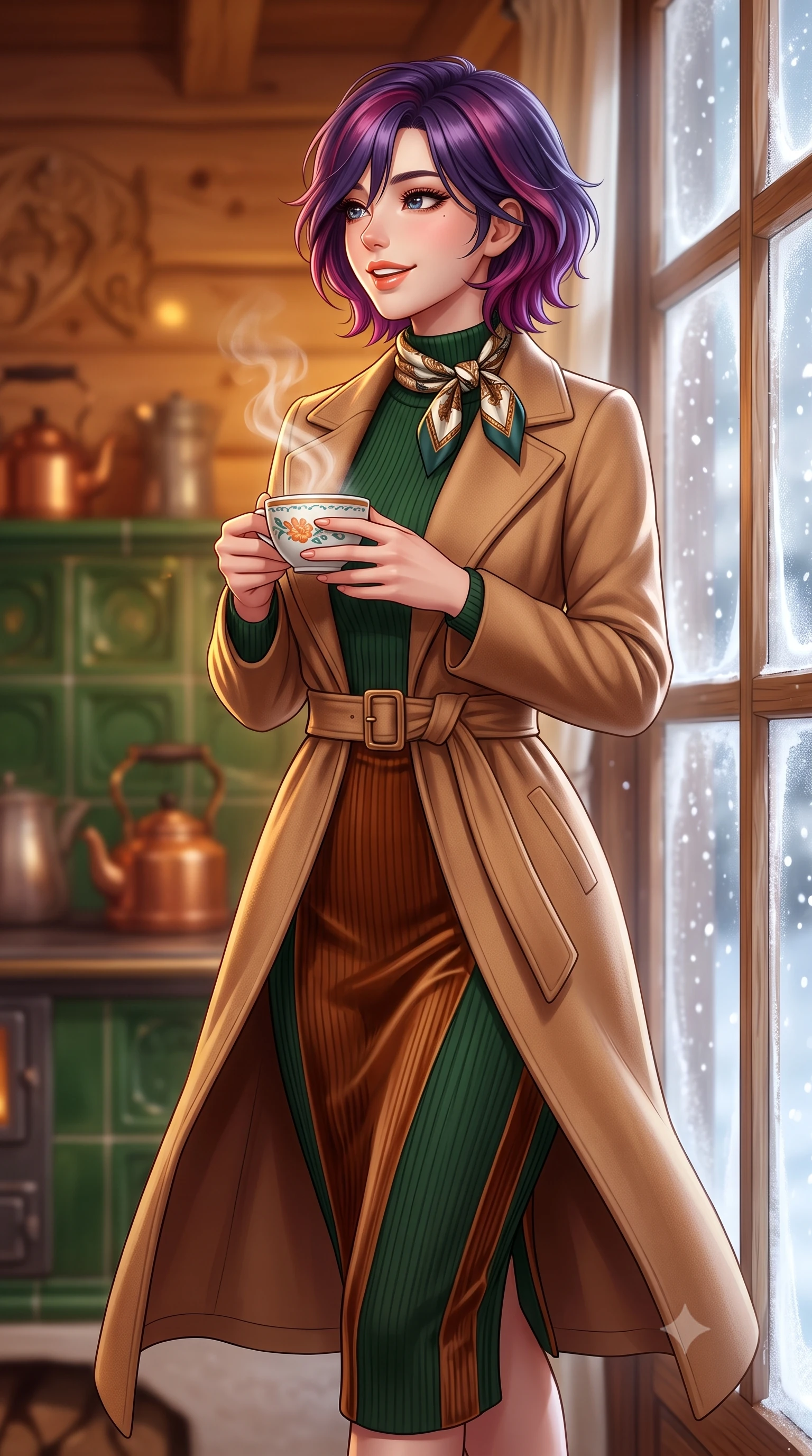 score_9, masterpiece, best quality, ultra-detailed, high-budget anime keyframe, semi-realistic 3D game render, editorial fashion photography, tasteful artistic composition, Korean woman. close-up cowboy shot from the waist and thighs up, the character dominates the composition, filling the frame with her large presence. holding a warm porcelain cup in both hands while tilting her head with an enchanting, beaming smile while walking toward the frosted timber window with a steaming porcelain mug, looking out at the falling snowflakes with wonder. The background shows a soft-focus hand-carved Swiss stone pine wood walls, painted green ceramic stove tiles, and copper kettles blurred into warm honey, forest green, and amber bokeh. She has an exceptionally elegant, slender, and willowy female figure with an ultra-slim waist, flat toned midriff, narrow ribcage, and sculpted feminine hips creating an alluring, slim hourglass silhouette without bulk. sharp v-shaped jawline, high-bridge nose, intricate jewel-like sparkling eyes with depth, thick eyelashes, glossy parted lips with a natural peach sheen, bright cheerful beaming smile with an enchanting and coquettish sensual glint, exuding both youthful cute charm and seductive allure, flawlessly proportioned anatomical accuracy, strict slender model proportions, natural body alignment, perfectly sculpted long slender limbs, ultra-slim waistline, clean dynamic posture without body distortion. wearing a tailored belted cashmere wrap coat in warm camel layered over a fine ribbed knit midi dress in heritage British racing green and warm cognac brown, crafted from rich cotton velvet with deep light-absorbing pile and soft gradients, finished with a printed silk twilly scarf knotted gracefully around her neck, the structured cinched belt emphasizing her narrow waistline and gracefully balanced proportions with timeless haute-couture polish. illuminated by honey pine wall reflection bounce and warm buttery rim lights sculpting her features and slender hourglass curves. highly saturated vibrant anime colors, detailed shading with soft gradients, rich glossy textures, high-contrast stereoscopic depth, volumetric dynamic lighting, master piece, 9:16 ratio