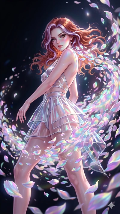 score_9, masterpiece, best quality, ultra-detailed, High-budget Anime Keyframe, East Asian woman. Low angle cowboy shot filling the entire 9:16 frame with her statuesque presence. Scenario 131: Dissolving into a cloud of iridescent silk petals in a v