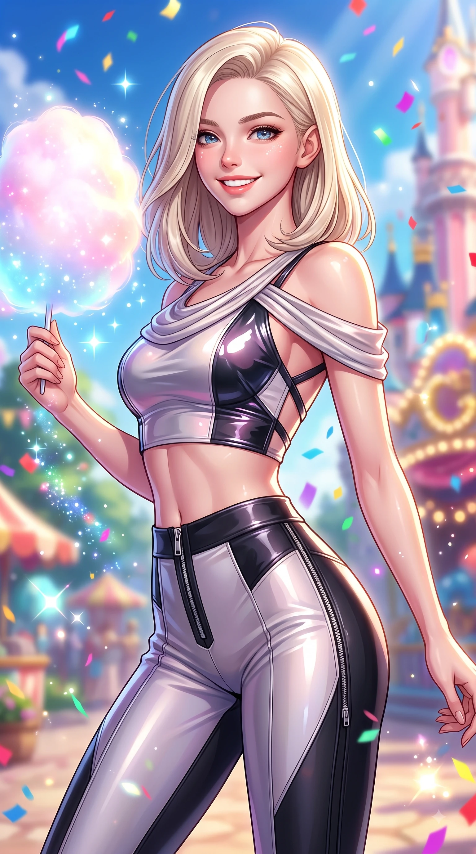 score_9, masterpiece, best quality, ultra-detailed, high-budget anime keyframe, editorial fashion photography, tasteful artistic composition, Caucasian woman. close-up cowboy shot from the waist and thighs up, the character dominates the composition, filling the frame with her large presence, background elements kept in soft focus. Radiant bright smile with sparkling eyes directed right into the lens, her torso turning in a dynamic S-curve alignment while pivoting in a cheerful dynamic stride with a cotton candy orb in hand and beaming eyes, floating sparklers and carnival confetti adding festive, happy energy to the air. She has an exceptionally elegant, slender, and willowy female figure with an ultra-slim waist, a gracefully sculpted slender torso, and a refined silhouette. sharp v-shaped jawline, high-bridge nose, intricate jewel-like eyes with depth, thick eyelashes, glossy lips with a natural sheen, flawlessly proportioned anatomical accuracy, natural body alignment, perfectly sculpted elegant limbs, clean dynamic posture without body distortion. wearing a glossy vinyl crop top and high-waist tailored leggings with sleek zippers in matte black and polished silver, crafted from smooth liquid silk, complemented by criss-cross back straps highlighting her bare shoulders, the elegant draped fit framing her graceful clavicle and slender torso. surrounded by a bright, magical theme park ambiance with rich specular glow. highly saturated vibrant anime colors, detailed shading with soft gradients, rich glossy textures, high-contrast stereoscopic depth, volumetric dynamic lighting, master piece, 9:16 ratio