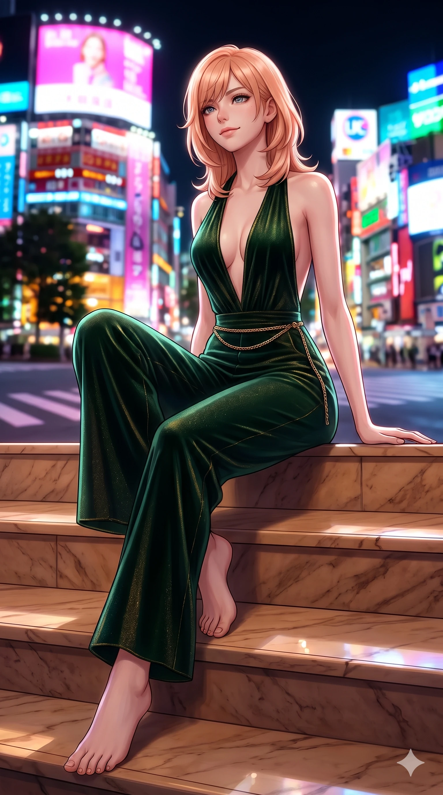 score_9, masterpiece, best quality, ultra-detailed, high-budget anime keyframe, semi-realistic 3D game render, editorial fashion photography, tasteful artistic composition, Japanese woman. low angle full-body shot from head to toe showing her feet, filling the entire 9:16 vertical frame with her statuesque presence, stretching her vertical silhouette. sitting poised on the warm marble steps with one knee bent, arching her spine with supermodel elegance as she glances upward through thick eyelashes while twisting her slender torso in an alluring contrapposto stance above the glowing megalopolis, electric neon reflections contouring her waist and hips. The background shows a soft-focus the iconic Shibuya scramble crossing, giant LED video billboards, and dense sea of neon lights blurred into electric magenta, cyan, and amber bokeh. She has an exceptionally tall and slender model-like 8.5-heads proportion, an ultra-slim waist, a flat toned midriff, narrow delicate ribcage, and beautifully sculpted feminine hips creating a graceful, slim hourglass silhouette without any bulky heaviness, with impossibly long slender legs. sharp v-shaped jawline, high-bridge nose, intricate jewel-like dark sparkling eyes with dangerous depth, thick curled eyelashes, glossy parted lips with a rich wine sheen, smoldering seductive half-smile with bedroom-eyes, exuding effortless superiority and intoxicating dark allure, flawlessly proportioned anatomical accuracy, strict slender model proportions, natural body alignment, perfectly sculpted long slender limbs, ultra-slim waistline, clean dynamic posture without body distortion. wearing a plunge-front tailored velvet halter jumpsuit with wide fluid legs and backless scoop in deep velvet forest green and antique brass, woven from metallic lurex thread casting subtle starlight glints across the fabric, finished with a delicate gold snake chain belt resting loosely across her curvy hips, the liquid-tight tailored fabric clinging flawlessly to her narrow waist and rounded feminine hips, emphasizing every millimeter of her sculpted slim hourglass curves without any bulky heaviness. bathed in the blinding, radiant glow of a hundred giant LED screens washing upward from the street level. highly saturated vibrant anime colors, detailed shading with soft gradients, rich glossy textures, high-contrast stereoscopic depth, volumetric dynamic lighting, master piece, 9:16 ratio