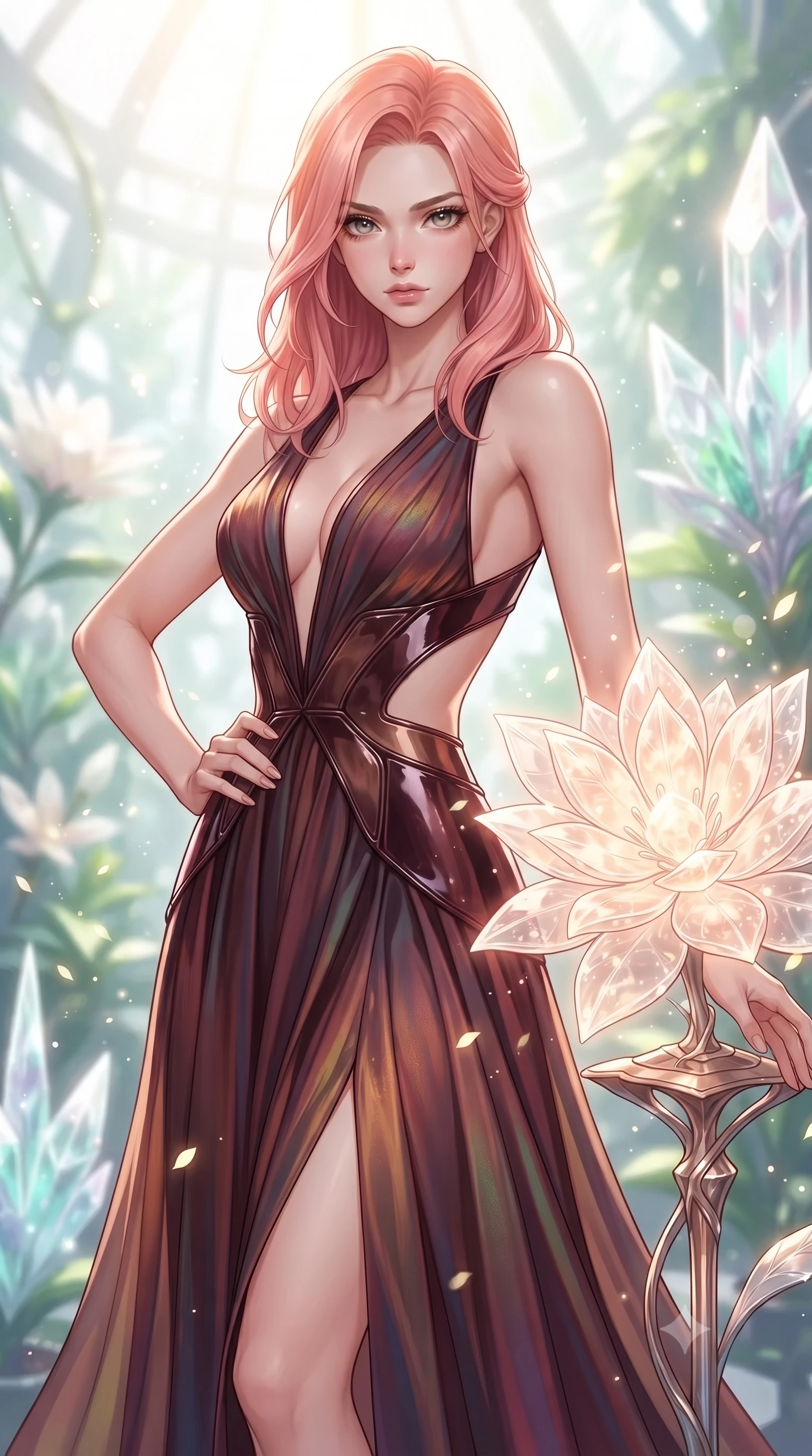 score_9, masterpiece, best quality, ultra-detailed, high-budget anime keyframe, editorial fashion photography, tasteful artistic composition, Japanese woman. close-up cowboy shot from the waist and thighs up, the character dominates the composition, filling the frame with her large presence, background elements kept in soft focus. Holding a confident power pose with one hand on her hip, gazing directly into the camera with quiet intensity resting near a giant solar-powered crystal flower emitting soft warm light, glowing pollen particles drifting gracefully around her form. She has an exceptionally elegant, slender, and willowy female figure with an ultra-slim waist, a gracefully sculpted slender torso, and a refined silhouette. sharp v-shaped jawline, high-bridge nose, intricate jewel-like eyes with depth, thick eyelashes, glossy lips with a natural sheen. wearing a translucent iridescent chiffon gown with a plunging neckline and open back in deep burgundy and bronze, tailored from high-gloss patent leather, featuring clean architectural cutouts along her slender torso, the tailored fabric tightly following every curve of her athletic build. surrounded by a bright, airy ambiance with radiant white and green highlights. highly saturated vibrant anime colors, detailed shading with soft gradients, rich glossy textures, high-contrast stereoscopic depth, volumetric dynamic lighting, master piece, 9:16 ratio