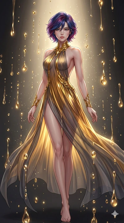 score_9, masterpiece, best quality, ultra-detailed, high-budget anime keyframe, Korean woman. low angle full-body shot filling the entire 9:16 frame with her statuesque presence, stretching the vertical silhouette. dodging ethereal liquid gold rain t