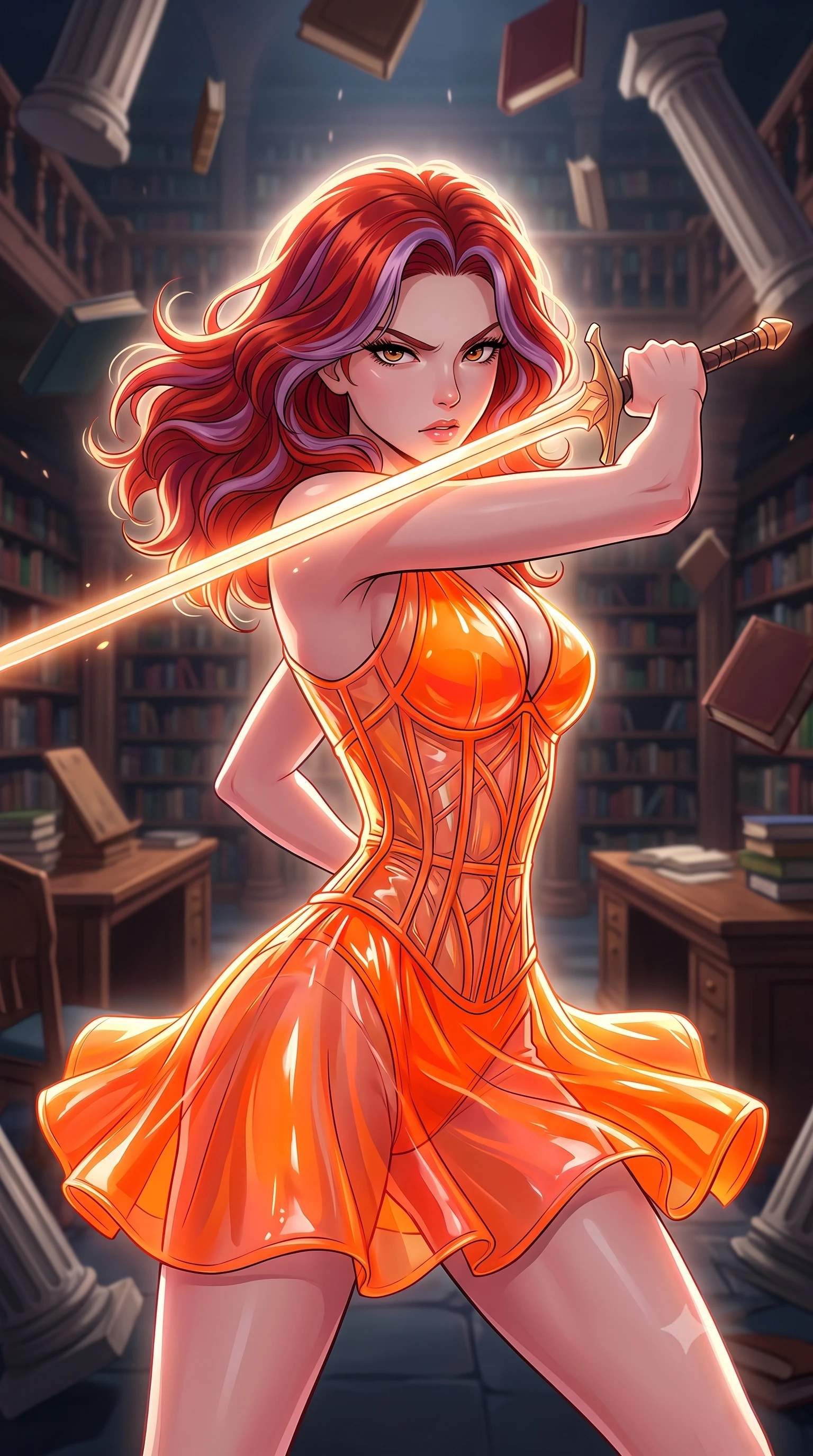 score_9, masterpiece, best quality, ultra-detailed, high-budget anime keyframe, clean line-art, cel-shading, Caucasian woman, strictly human ears. close-up cowboy shot from the waist and thighs up, the character dominates the composition, filling the frame with her large presence, background elements kept in soft focus. Drawing a glowing sword with fierce determination and a sharp sidelong glare. set against a soft-focus background of a massive ancient library where books, wooden desks, and stone columns are falling upward in reverse gravity. She has an exceptionally elegant and slender, willowy female figure with an ultra-slim waist, a gracefully sculpted slender torso, and a refined slim physique. sharp v-shaped jawline, high-bridge nose, intricate jewel-like eyes with depth, thick eyelashes, glossy lips with a natural sheen. wearing the lightweight fabric rippling and billowing dramatically with her movement, a form-contouring wet-look transparent finish mini dress in neon orange, with a visible corset interior structure. dramatic backlight creating a radiant halo effect around her entire silhouette. highly saturated vibrant anime colors, intense vivid color palette, volumetric dynamic lighting, 2k, ultra detail, master piece, 9:16 ratio