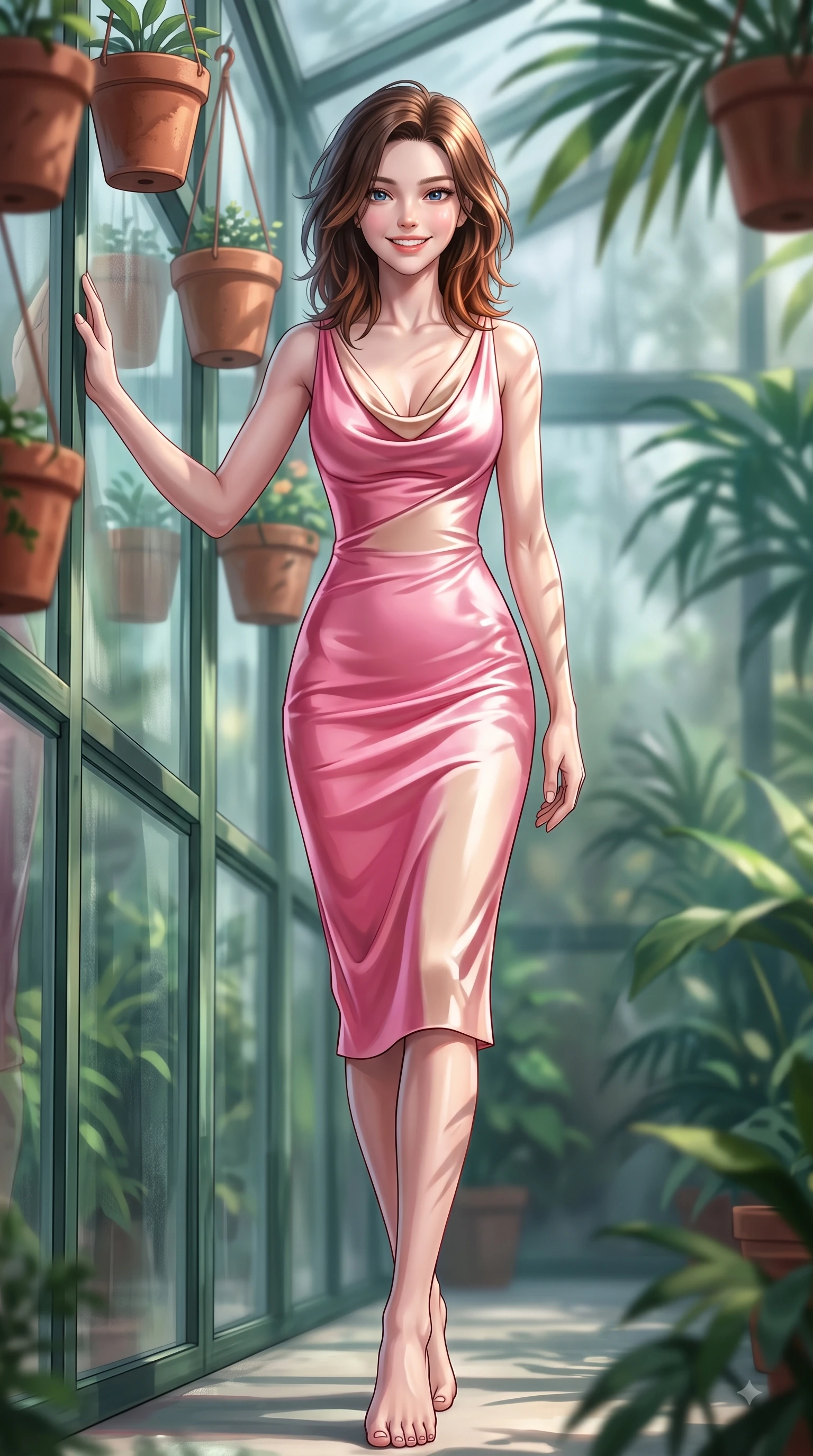 score_9, masterpiece, best quality, ultra-detailed, high-budget anime keyframe, editorial fashion photography, tasteful artistic composition, Korean woman. low angle full-body shot from head to toe showing her feet, filling the entire 9:16 vertical frame with her statuesque presence, stretching her vertical silhouette. walking forward in a proud dynamic stride with a cheerful beaming smile, her vertical silhouette filling the frame while leaning against a glass greenhouse wall surrounded by hanging terracotta flower pots. The composition keeps background elements in soft focus with dreamy bokeh. tropical plant foliage and misty glass panes blurred into a dreamy emerald background bokeh. She has an absolutely perfect, statuesque 8.5-heads proportion, an exceptionally tall and slender model-like female figure with impossibly long slender legs and an ultra-slim waist. sharp v-shaped jawline, high-bridge nose, intricate jewel-like eyes with depth, thick eyelashes, glossy lips with a natural sheen, flawlessly proportioned anatomical accuracy, natural body alignment, perfectly sculpted elegant limbs, clean dynamic posture without body distortion. wearing an elegant cowl-neck silk satin midi dress with a graceful draped neckline in bright cherry blossom pink and champagne, made of lustrous stretch velvet, accented with a Tasteful chest slit framing her clavicle gracefully, the tailored fabric tightly following every curve of her athletic build. illuminated by fresh botanical sunbeams casting delicate leaf patterns. highly saturated vibrant anime colors, detailed shading with soft gradients, rich glossy textures, high-contrast stereoscopic depth, volumetric dynamic lighting, master piece, 9:16 ratio
