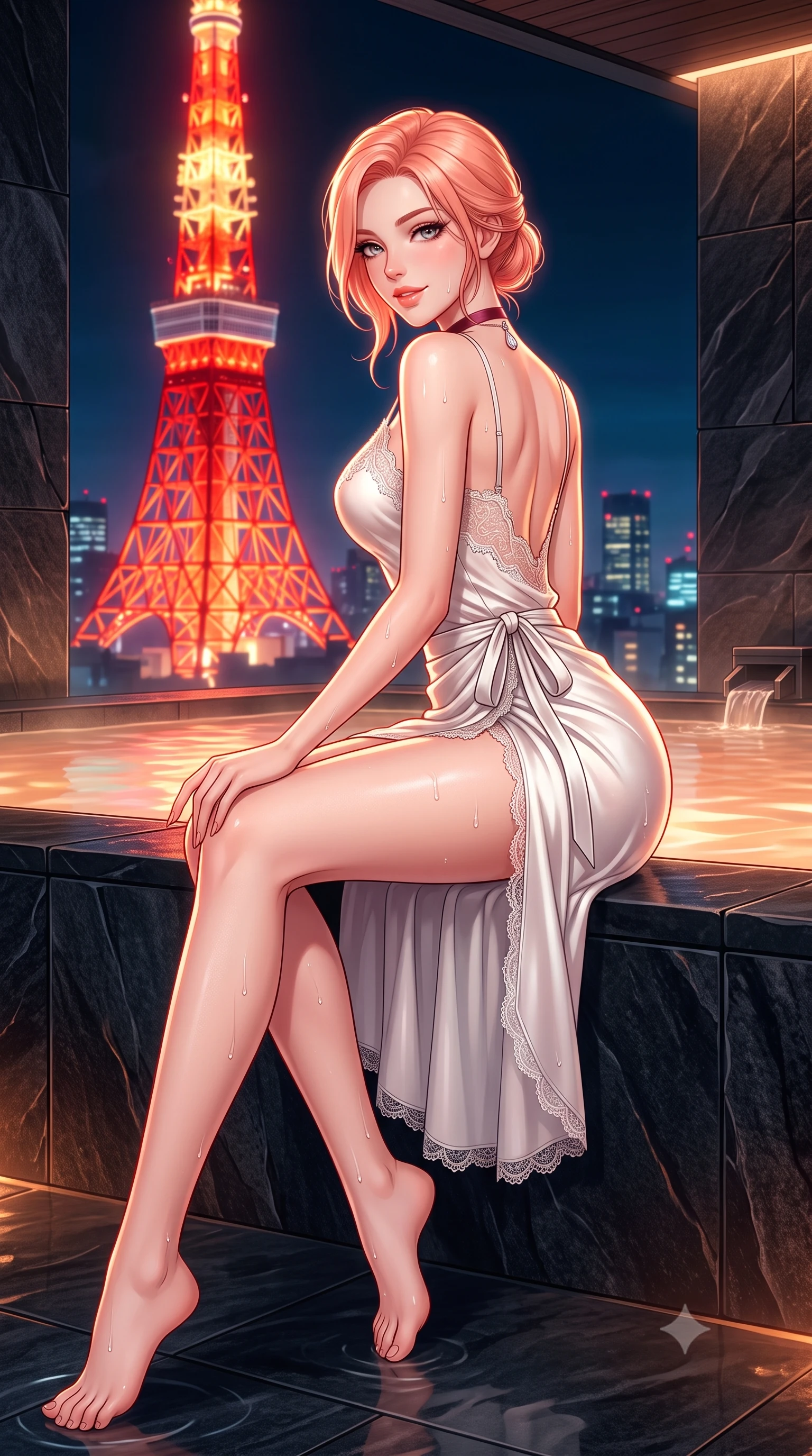 score_9, masterpiece, best quality, ultra-detailed, high-budget anime keyframe, semi-realistic 3D game render, editorial fashion photography, tasteful artistic composition, Japanese woman. low angle full-body shot from head to toe showing her feet, filling the entire 9:16 vertical frame with her statuesque presence, stretching her vertical silhouette. executing a slow, graceful pivot turn as her skirt sways around her slender legs, glancing back with an enchanting, teasing sensual expression while sitting on the submerged flamed basalt ledge of the open-air rooftop onsen, arching her back with wet-look siren grace overlooking the vibrant metropolis. The surrounding environment is rendered in vivid detail and crisp panoramic clarity: sharp flamed black basalt stone textures, glistening mineral water drops on smooth skin, and razor-sharp Tokyo Tower structural lattice in deep focus. She has an absolutely perfect, statuesque 8.5-heads proportion, an exceptionally tall and slender model-like female figure with impossibly long slender legs, an ultra-slim waist, a flat toned midriff, narrow delicate ribcage, and beautifully sculpted feminine hips creating a graceful, slim hourglass silhouette without any bulky heaviness. sharp v-shaped jawline, high-bridge nose, sparkling eyes with hypnotic seductive depth, thick curled eyelashes, glossy parted lips with a natural dewy peach sheen, alluring bedroom-eyes with an enchanting coquettish smile, exuding magnetic siren charisma and sophisticated glamour, flawlessly proportioned anatomical accuracy, strict slender model proportions, natural body alignment, perfectly sculpted long slender limbs, ultra-slim waistline, clean dynamic posture without body distortion. wearing a delicate lace-trimmed silk camisole paired with a draped satin wrap sarong mini skirt with high side slit in pure pearl alabaster with platinum sheen, made of delicate semi-sheer French Chantilly lace with intricate eyelash edges, finished with a thin velvet ribbon choker and a single teardrop diamond pendant, the precision-cut side openings and low-back scoop framing her graceful spine and the sensual sweep of her slim, toned hips. bathed in the warm underwater thermal pool glow paired with vivid red-orange neon spill from the illuminated Tokyo Tower. highly saturated vibrant anime colors, detailed shading with soft gradients, rich glossy textures, high-contrast stereoscopic depth, volumetric dynamic lighting, master piece, 9:16 ratio