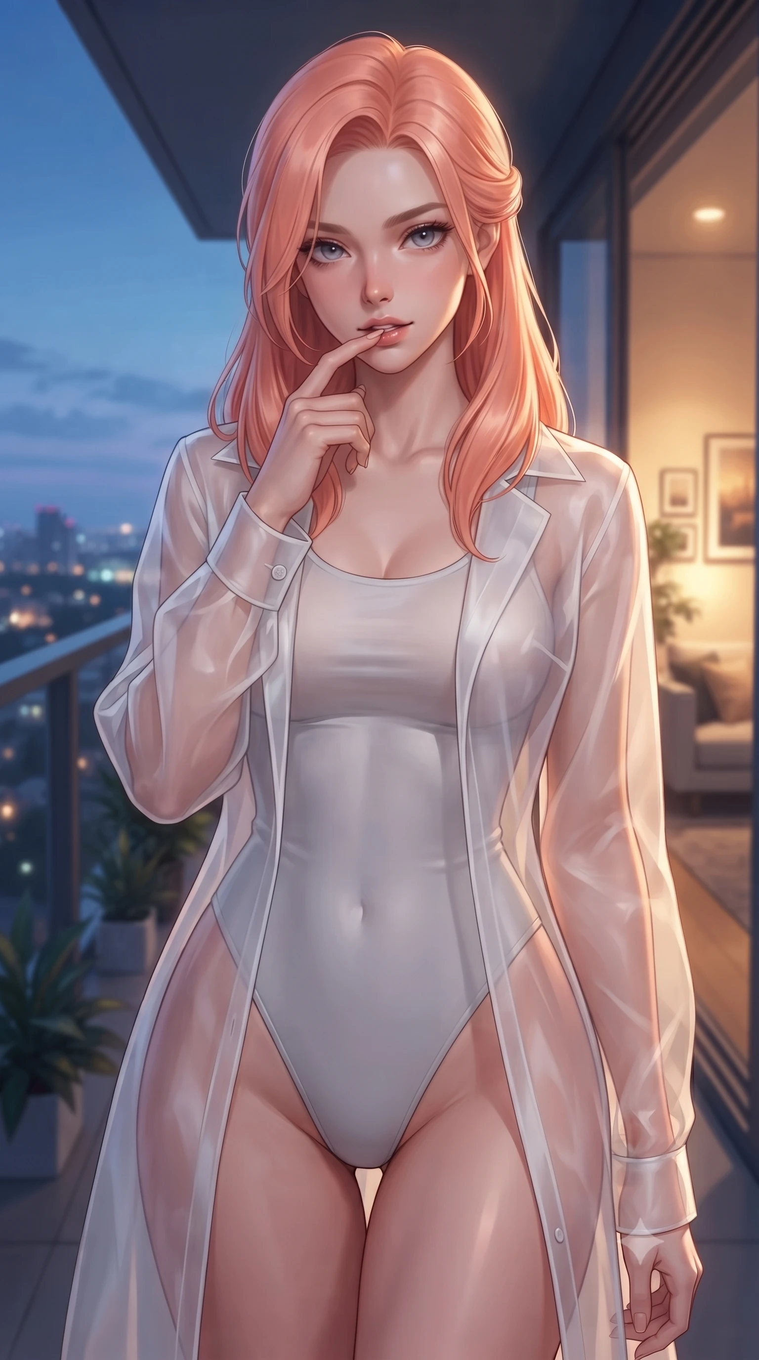 score_9, masterpiece, best quality, ultra-detailed, high-budget anime keyframe, editorial fashion photography, tasteful artistic composition, Japanese woman woman. close-up cowboy shot from the waist and thighs up, the character dominates the composition, filling the frame with her large presence, background elements kept in soft focus. pressing one finger to her bottom lip in a thoughtful, seductive gesture under the warm sun the background shows a soft-focus a modern apartment balcony overlooking a distant glittering city skyline at dusk. She has an exceptionally elegant, slender, and willowy female figure with an ultra-slim waist, a gracefully sculpted slender torso, and a refined silhouette. sharp v-shaped jawline, high-bridge nose, intricate jewel-like eyes with depth, thick eyelashes, glossy lips with a natural sheen. wearing a tailored semi-transparent white organza resort cover-up worn over a form-fitting one-piece swimsuit. the cool blue twilight sky contrasting with the warm golden lights of the room inside. ultra-reflective glossy finish, specular highlights, metallic sheen, high-contrast stereoscopic depth, volumetric dynamic lighting, 2k, ultra detail, master piece, 9:16 ratio