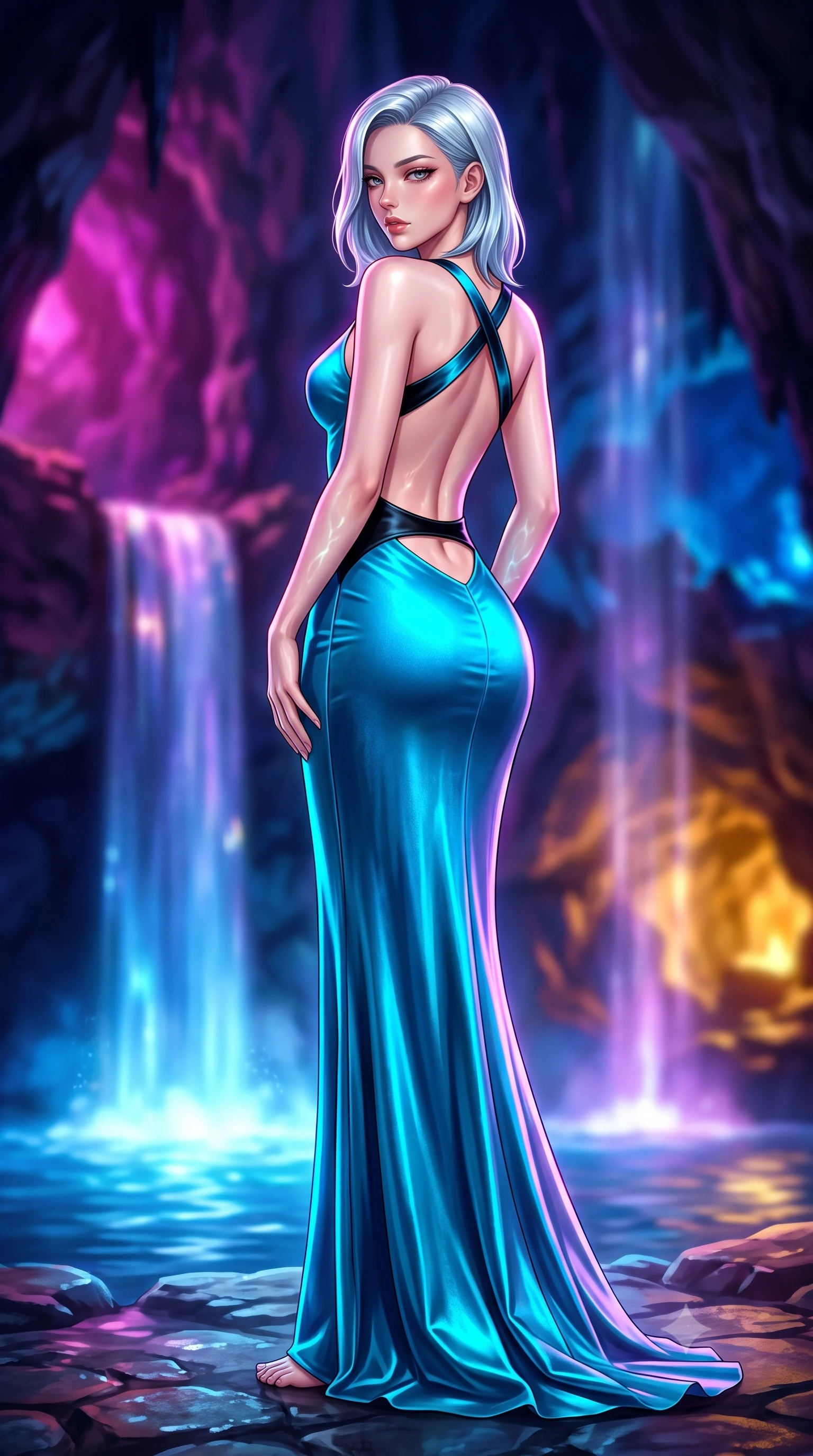 score_9, masterpiece, best quality, ultra-detailed, high-budget anime keyframe, semi-realistic 3D game render, editorial fashion photography, tasteful artistic composition, Korean woman. low angle full-body shot from head to toe showing her feet, filling the entire 9:16 vertical frame with her statuesque presence, stretching her vertical silhouette. posing with back turned slightly to the lens, glancing back with smoldering allure as she arches her lower back to emphasize her sculpted feminine hips and slender waist while twisting her slender torso in an alluring contrapposto stance beside the illuminated waterfall, her flowing gown catching the theatrical underground glow. The composition keeps background elements in soft focus with creamy bokeh. theatrical magenta and azure cave floodlights and cascading artificial waterfalls blurred into glowing sapphire, amethyst, and molten gold bokeh. She has an exceptionally tall and slender model-like 8.5-heads proportion, an ultra-slim waist, a flat toned midriff, narrow delicate ribcage, and beautifully sculpted feminine hips creating a graceful, slim hourglass silhouette without any bulky heaviness, with impossibly long slender legs. sharp v-shaped jawline, high-bridge nose, intricate jewel-like eyes with depth, thick eyelashes, glossy parted lips with a natural sheen, intensely captivating and seductive bedroom-eyes expression, flawlessly proportioned anatomical accuracy, strict slender model proportions, natural body alignment, perfectly sculpted long slender limbs, ultra-slim waistline, clean dynamic posture without body distortion. wearing a sculptured liquid-satin mermaid gown with an architectural open-waist cutout and bare spine in neon electric cyan and lacquer black, crafted from heavyweight crushed silk velvet with liquid vintage luster, finished with criss-cross back satin straps highlighting her graceful shoulder blades, the liquid-tight tailored fabric clinging flawlessly to her narrow waist and rounded feminine hips, emphasizing every millimeter of her sculpted slim hourglass curves without any bulky heaviness. illuminated by shimmering pool water caustics sharply sculpting her razor-sharp jawline, narrow waist, and curvy hips. highly saturated vibrant anime colors, detailed shading with soft gradients, rich glossy textures, high-contrast stereoscopic depth, volumetric dynamic lighting, master piece, 9:16 ratio