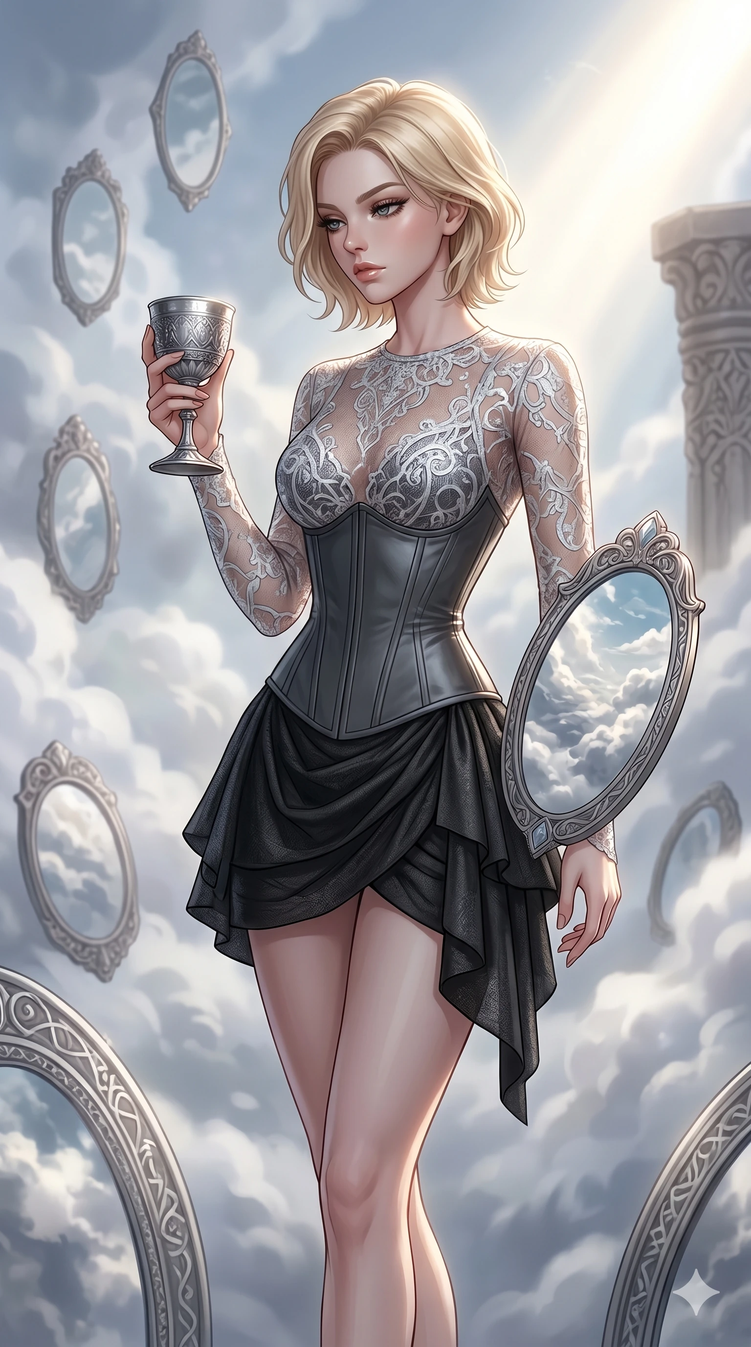score_9, masterpiece, best quality, ultra-detailed, high-budget anime keyframe, editorial fashion photography, tasteful artistic composition, Caucasian woman, strictly human ears. cowboy shot from the thighs up, character and outfit filling the frame for maximum editorial presence. holding a silver chalice, looking down in a composed, powerful gesture in a cloud sanctuary with floating mirrors (Code-P17-141). She has an absolutely perfect 8-heads proportion, an exceptionally tall and slender female figure with impossibly long slender legs and an ultra-slim waist. V-shaped jawline, high-bridge nose, intricate jewel-like eyes with depth, thick eyelashes, glossy lips with a natural sheen. wearing a semi-opaque sheer lace top paired with a structured corset and micro-skirt. bright cinematic key light tracing the sleek contours of her athletic figure. 2k, ultra detail, master piece, 9:16 ratio