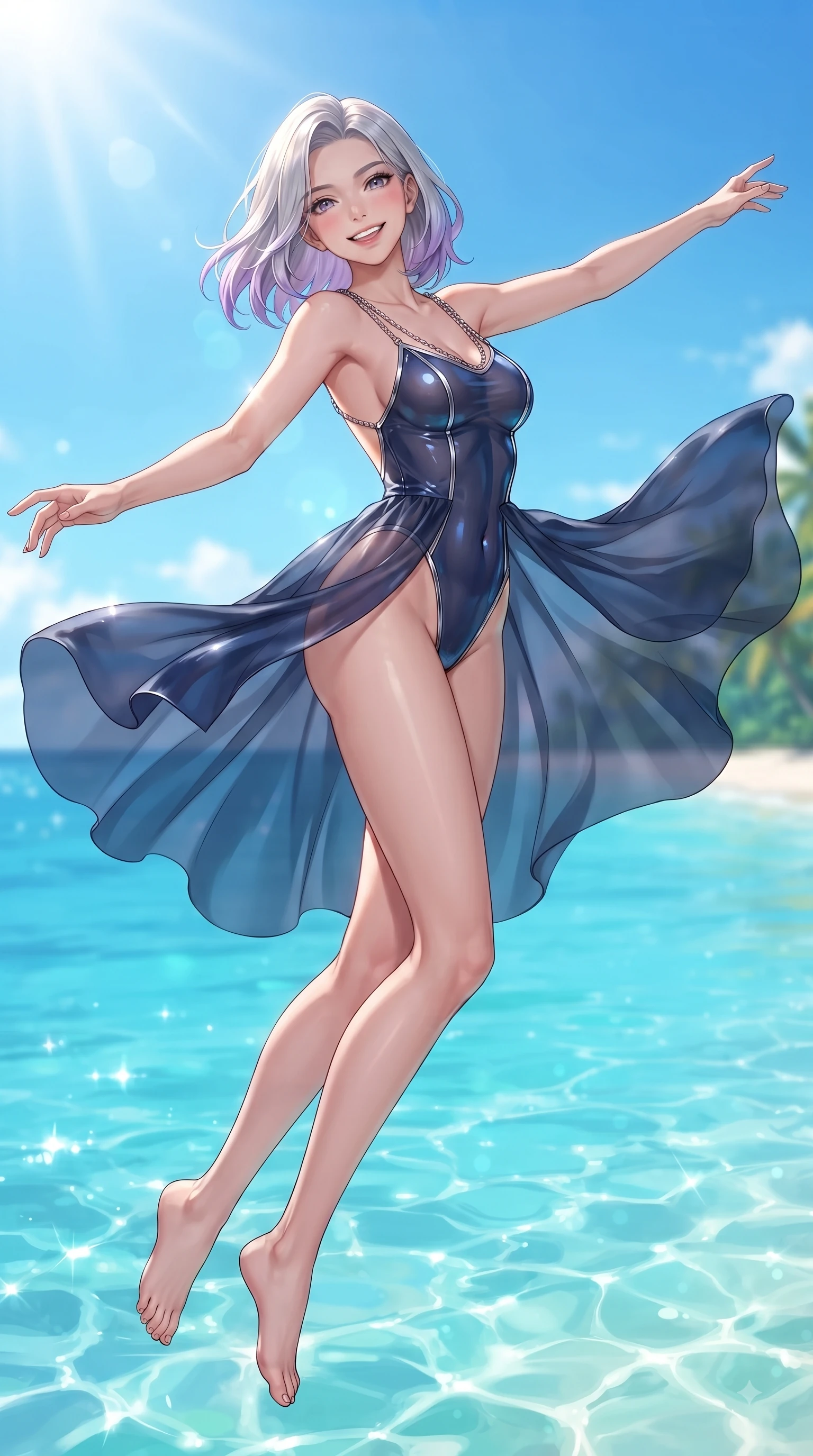 score_9, masterpiece, best quality, ultra-detailed, high-budget anime keyframe, editorial fashion photography, tasteful artistic composition, Caucasian woman. low angle full-body shot from head to toe showing her feet, filling the entire 9:16 vertical frame with her statuesque presence, stretching her vertical silhouette. performing a cheerful mid-air rotation with flawless poise, her radiant smile capturing fresh college girlhood energy while reaching out cheerfully to feel the fresh ocean breeze while smiling happily at the sea, fresh ocean breeze billowing her summer sundress into fluid, uplifting motions. She has an absolutely perfect, statuesque 8.5-heads proportion, an exceptionally tall and slender model-like female figure with impossibly long slender legs and an ultra-slim waist. sharp v-shaped jawline, high-bridge nose, intricate jewel-like eyes with depth, thick eyelashes, glossy lips with a natural sheen, flawlessly proportioned anatomical accuracy, natural body alignment, perfectly sculpted elegant limbs, clean dynamic posture without body distortion. wearing a high-cut translucent vinyl leotard with front paneling and open back in midnight navy blue and chrome trim, made of premium stretch velvet with a rich sheen, adorned with delicate metallic chain straps along the neckline, the sleek second-skin texture accentuating her magnetic presence. bathed in bright sunny tropical sunbeams and sparkling turquoise sea refractions. ultra-reflective glossy finish, specular highlights, metallic sheen, high-contrast stereoscopic depth, volumetric dynamic lighting, 2k, ultra detail, master piece, 9:16 ratio