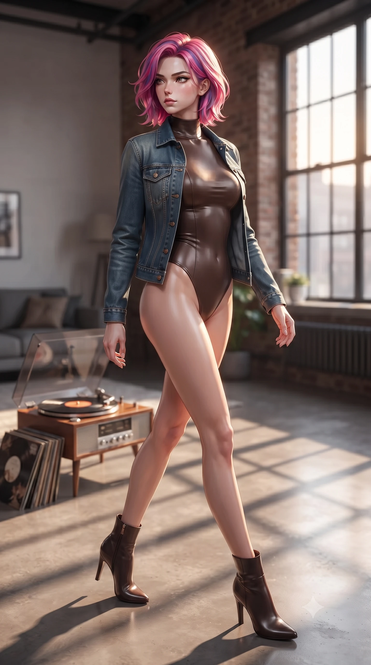 score_9, masterpiece, best quality, ultra-detailed, high-budget anime keyframe, editorial fashion photography, tasteful artistic composition, Caucasian woman. low angle full-body shot from head to toe showing her feet, filling the entire 9:16 vertical frame with her statuesque presence, stretching her vertical silhouette. stepping gracefully while looking back over her shoulder, her dress draped tightly to reveal her silhouette the background shows a soft-focus a modern loft studio apartment with high ceilings and a record player spinning a vinyl. She has an absolutely perfect, statuesque 8.5-heads proportion, an exceptionally tall and slender model-like female figure with impossibly long slender legs and an ultra-slim waist. sharp v-shaped jawline, high-bridge nose, intricate jewel-like eyes with depth, thick eyelashes, glossy lips with a natural sheen. wearing a slim-fit form-contouring high-neck bodysuit in dark brown, worn under a tailored open denim jacket. warm evening sunlight casting long geometric shadow lines across the floor. ultra-reflective glossy finish, specular highlights, metallic sheen, high-contrast stereoscopic depth, volumetric dynamic lighting, 2k, ultra detail, master piece, 9:16 ratio