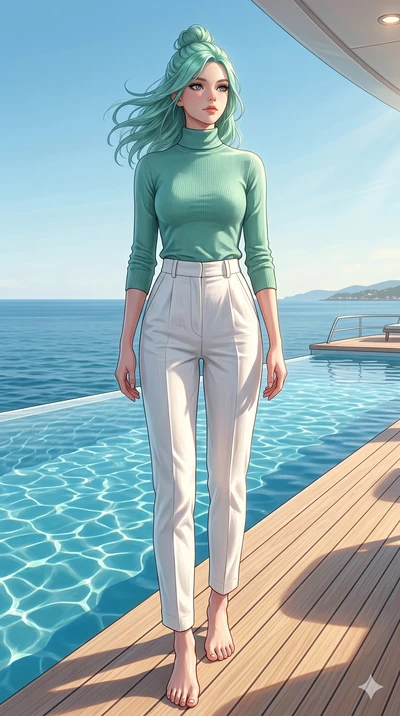 score_9, masterpiece, best quality, ultra-detailed, high-budget anime keyframe, editorial fashion photography, tasteful artistic composition, Japanese woman. low angle full-body shot from head to toe showing her feet, filling the entire 9:16 vertical