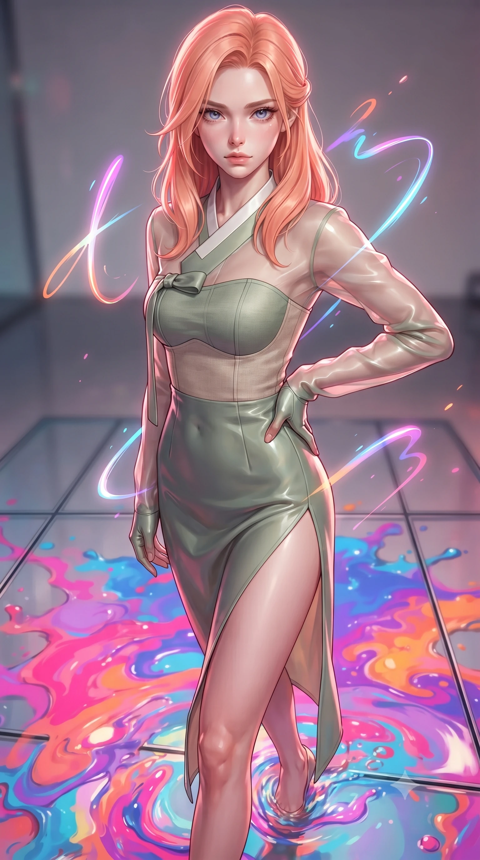 score_9, masterpiece, best quality, ultra-detailed, high-budget anime keyframe, editorial fashion photography, tasteful artistic composition, Japanese woman. close-up cowboy shot from the waist and thighs up, the character dominates the composition, filling the frame with her large presence, background elements kept in soft focus. Holding a confident power pose with one hand on her hip, gazing directly into the camera with quiet intensity stepping across a reflective glass floor drenched in vibrant fluid splashes, glowing neon brushstrokes floating poetically around her silhouette. She has an exceptionally elegant, slender, and willowy female figure with an ultra-slim waist, a gracefully sculpted slender torso, and a refined silhouette. sharp v-shaped jawline, high-bridge nose, intricate jewel-like eyes with depth, thick eyelashes, glossy lips with a natural sheen. wearing a modern fusion silk hanbok dress with a structured bodice in sage green and oatmeal, woven from fine semi-opaque sheer organza, finished with a sleek side slit ascending to mid-thigh, the glove-like fit emphasizing her statuesque silhouette. bathed in high-contrast vibrant studio lighting with sharp specular highlights. ultra-reflective glossy finish, specular highlights, metallic sheen, high-contrast stereoscopic depth, volumetric dynamic lighting, 2k, ultra detail, master piece, 9:16 ratio
