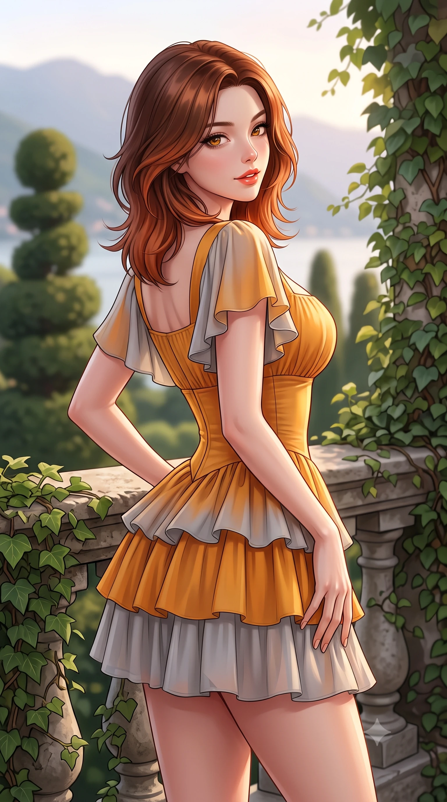 score_9, masterpiece, best quality, ultra-detailed, high-budget anime keyframe, semi-realistic 3D game render, editorial fashion photography, tasteful artistic composition, Korean woman. close-up cowboy shot from the waist and thighs up, the character dominates the composition, filling the frame with her large presence. twisting her slender torso in an alluring contrapposto stance, one hand resting on her sculpted hip while flashing a charming, playful smile with parted glossy lips while leaning against the ivy-clad stone balustrade with hips cocked back, looking over her shoulder with an alluring, contemplative bedroom-gaze. The composition keeps background elements in soft focus with dreamy creamy bokeh. sculpted topiaries and climbing ficus vines softened in historic aristocratic shallow focus. She has an exceptionally elegant, slender, and willowy female figure with an ultra-slim waist, flat toned midriff, narrow ribcage, and sculpted feminine hips creating an alluring, slim hourglass silhouette without bulk. sharp v-shaped jawline, high-bridge nose, sparkling amber-hazel eyes with depth, long lush eyelashes, glossy sun-kissed lips with a warm coral glaze, radiant teasing smile with sensual sunlit bedroom-eyes, exuding effortless old-money elegance and intoxicating sun-drenched allure, flawlessly proportioned anatomical accuracy, strict slender model proportions, natural body alignment, perfectly sculpted long slender limbs, ultra-slim waistline, clean dynamic posture without body distortion. wearing a tiered ruffled chiffon resort mini dress with an ultra-slim corseted waist and open back in rich saffron amber and soft dove grey, made of liquid-tight stretch jersey emphasizing every curve of her body, featuring elegant flutter sleeves and a graceful square neckline, the form-fitting cut adhering flawlessly to her sculpted flat midriff and slender torso, emphasizing her long leg lines and perfectly proportioned willowy build. bathed in soft romantic evening light descending over the Como alpine basin. highly saturated vibrant anime colors, detailed shading with soft gradients, rich glossy textures, high-contrast stereoscopic depth, volumetric dynamic lighting, master piece, 9:16 ratio